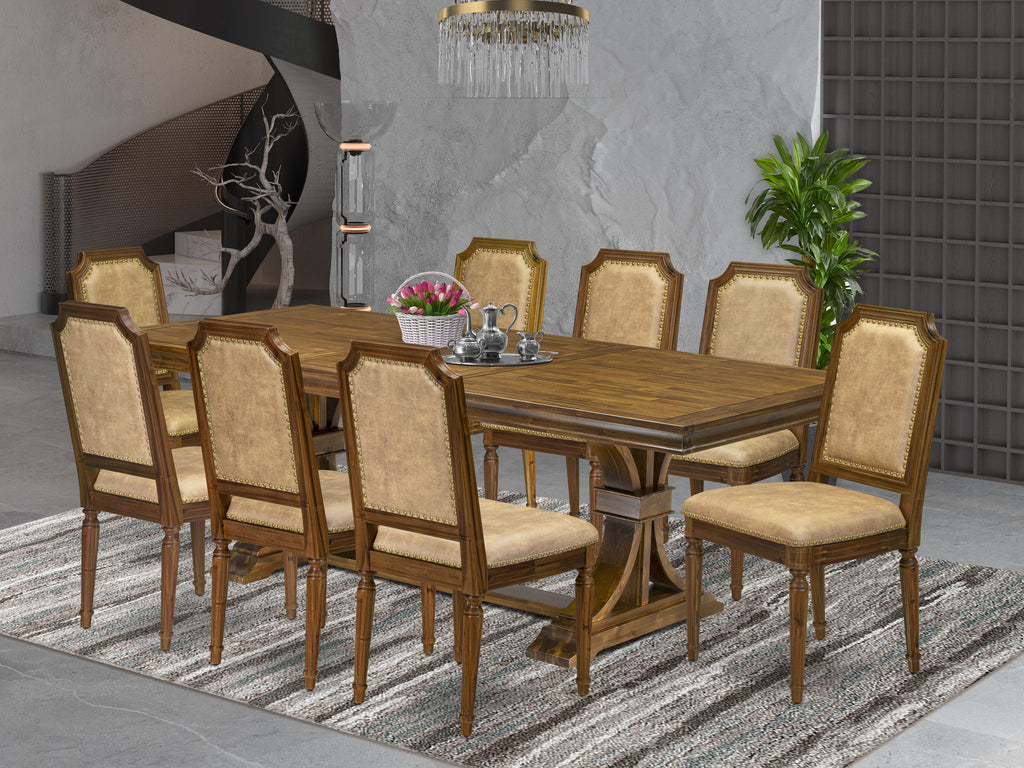 Luxe by East West Furniture LETY9-AWA-28 9-piece Dining Table Set includes a Dining Table and 8 Beige PU Leather Kitchen Chairs with High Back-Antique Walnut Finish