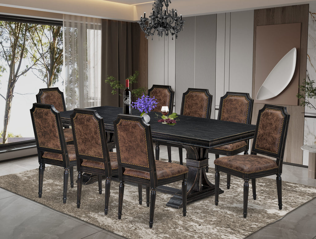 Luxe by East West Furniture LETY9-SBB-33 9-piece Modern Dining Table Set includes a Dining Table and 8 Brown Textured PU Leather Kitchen Chairs with High Back-Sand Blasting Black Finish