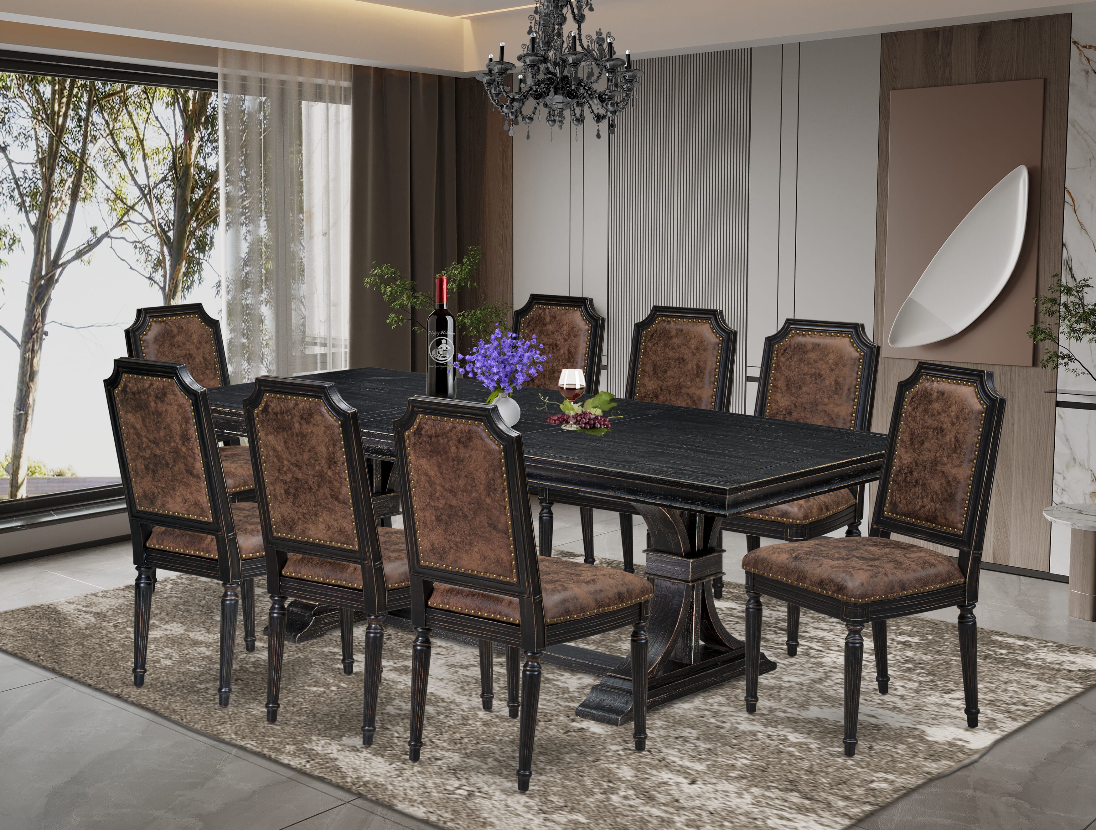 Luxe by East West Furniture LETY9-SBB-33 9-piece Modern Dining Table Set includes a Dining Table and 8 Brown Textured PU Leather Kitchen Chairs with High Back-Sand Blasting Black Finish