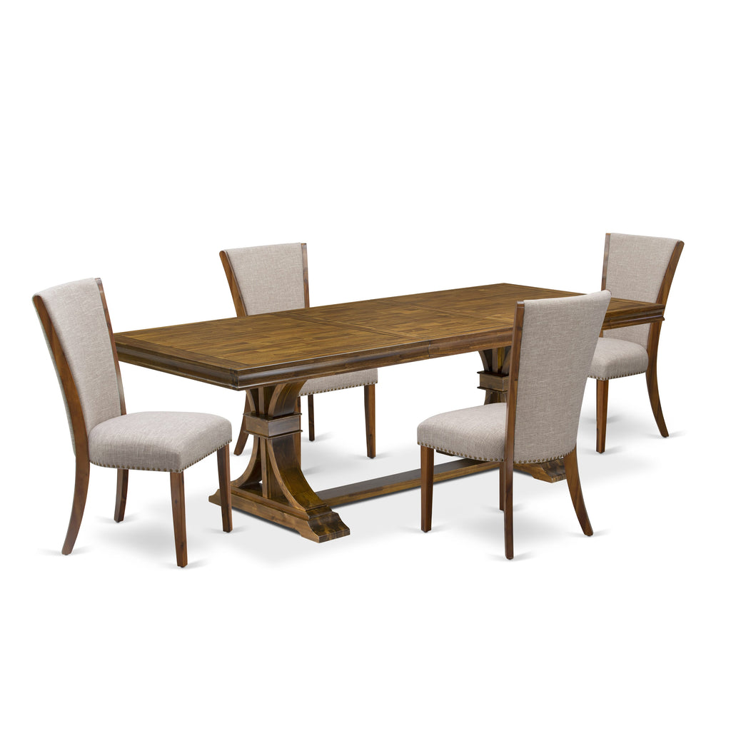 Luxe by East West Furniture LEVE5-AWA-04 5-piece Kitchen Table Set includes a Dining Table and 4 Light Tan Linen Fabric Dining room Chairs with Button tufted Back-Antique Walnut Finish
