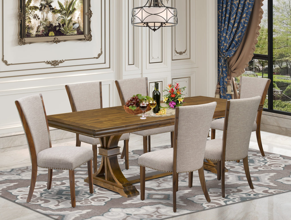 Luxe by East West Furniture LEVE7-AWA-04 7-piece Mid-Century Dining Table Set consists of a Kitchen Table and 6 Light Tan Linen Fabric Dinner Chairs with Button tufted Back-Antique Walnut Finish