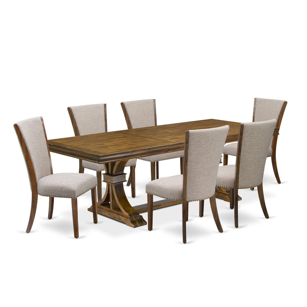 Luxe by East West Furniture LEVE7-AWA-04 7-piece Mid-Century Dining Table Set consists of a Kitchen Table and 6 Light Tan Linen Fabric Dinner Chairs with Button tufted Back-Antique Walnut Finish