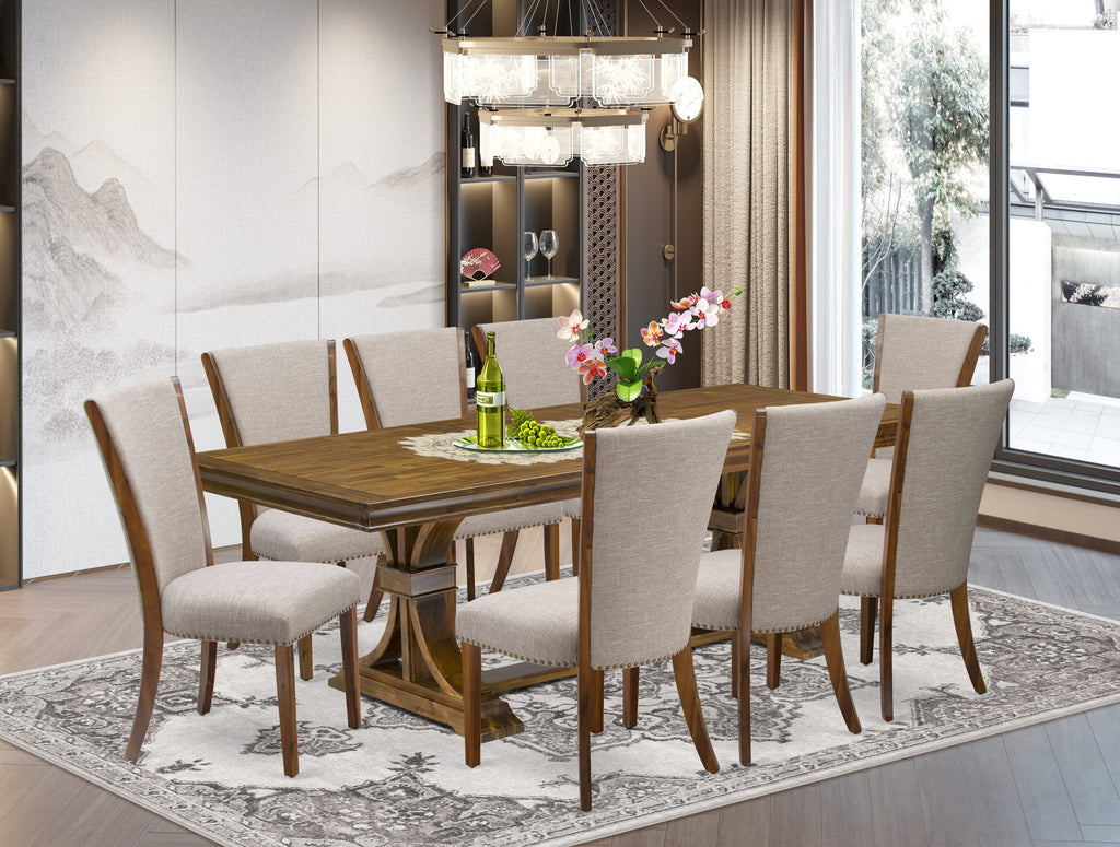 Luxe by East West Furniture LEVE9-AWA-04 9-piece Dining Table Set includes a Kitchen Table and 8 Light Tan Linen Fabric Dining room Chairs with Button tufted Back - Antique Walnut Finish