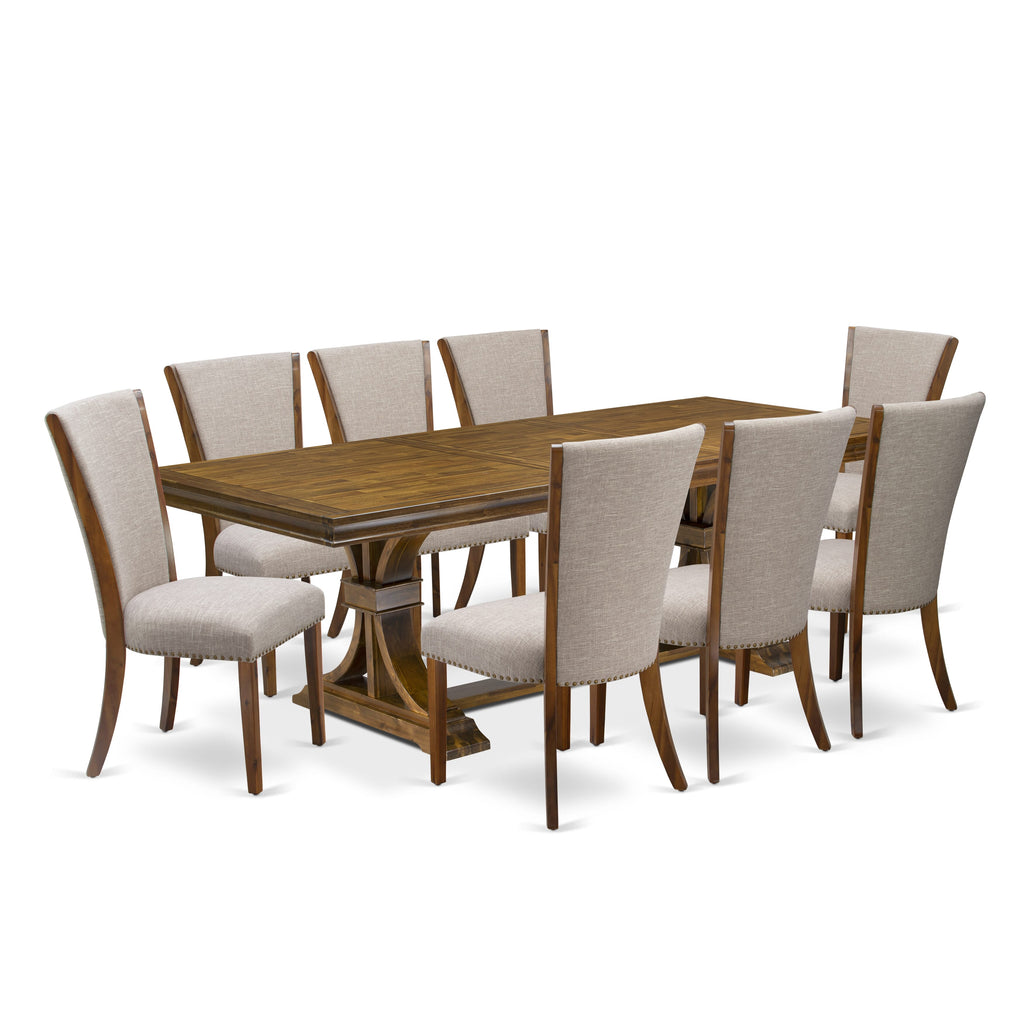 Luxe by East West Furniture LEVE9-AWA-04 9-piece Dining Table Set includes a Kitchen Table and 8 Light Tan Linen Fabric Dining room Chairs with Button tufted Back - Antique Walnut Finish