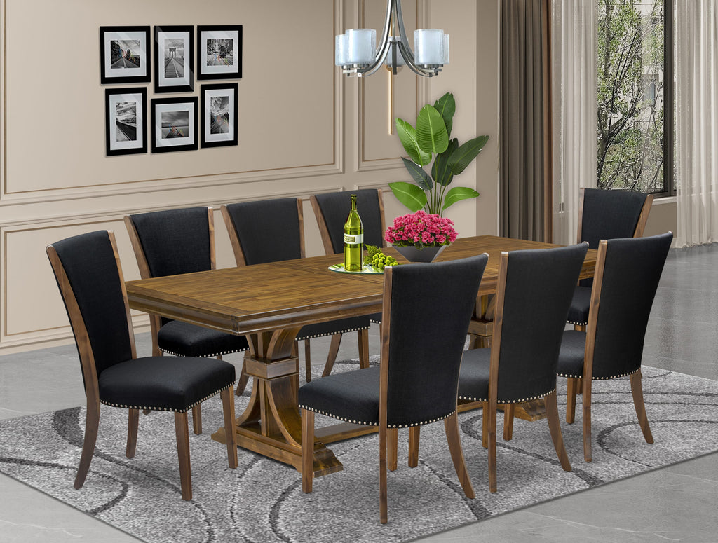 Luxe by East West Furniture LEVE9-AWA-24 9-piece Dining Table Set includes a Dining Table and 8 Black Linen Fabric Dining room Chairs with Button tufted Back - Antique Walnut Finish