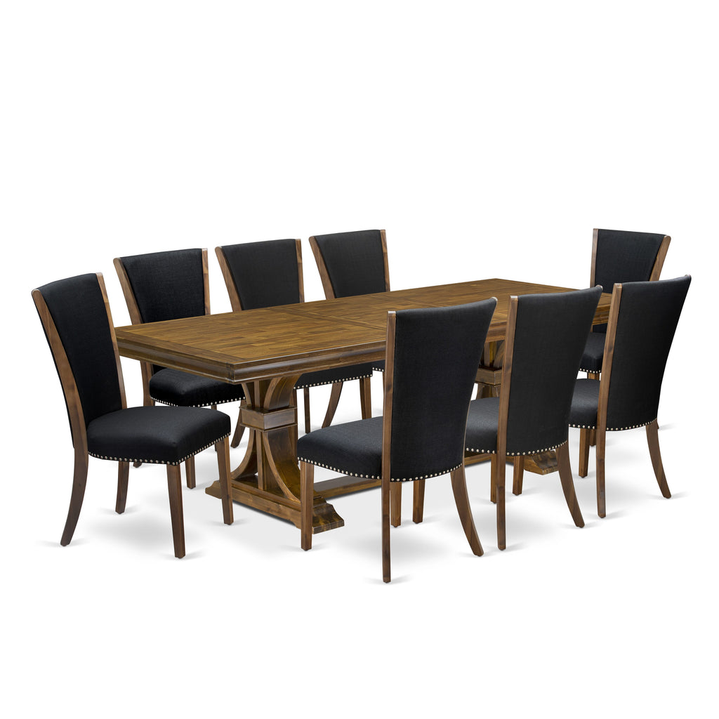 Luxe by East West Furniture LEVE9-AWA-24 9-piece Dining Table Set includes a Dining Table and 8 Black Linen Fabric Dining room Chairs with Button tufted Back - Antique Walnut Finish