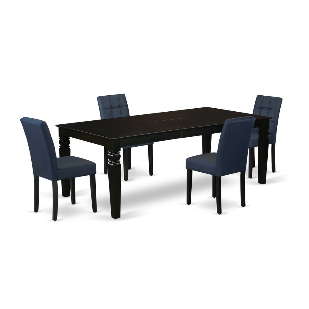 East West Furniture LGAS5-BLK-09 5 Piece Kitchen Table Set Includes A Dinner Table and 4 Dark Navy Blue Faux Leather Mid- Century Chairs with Stylish Back- Black Finish
