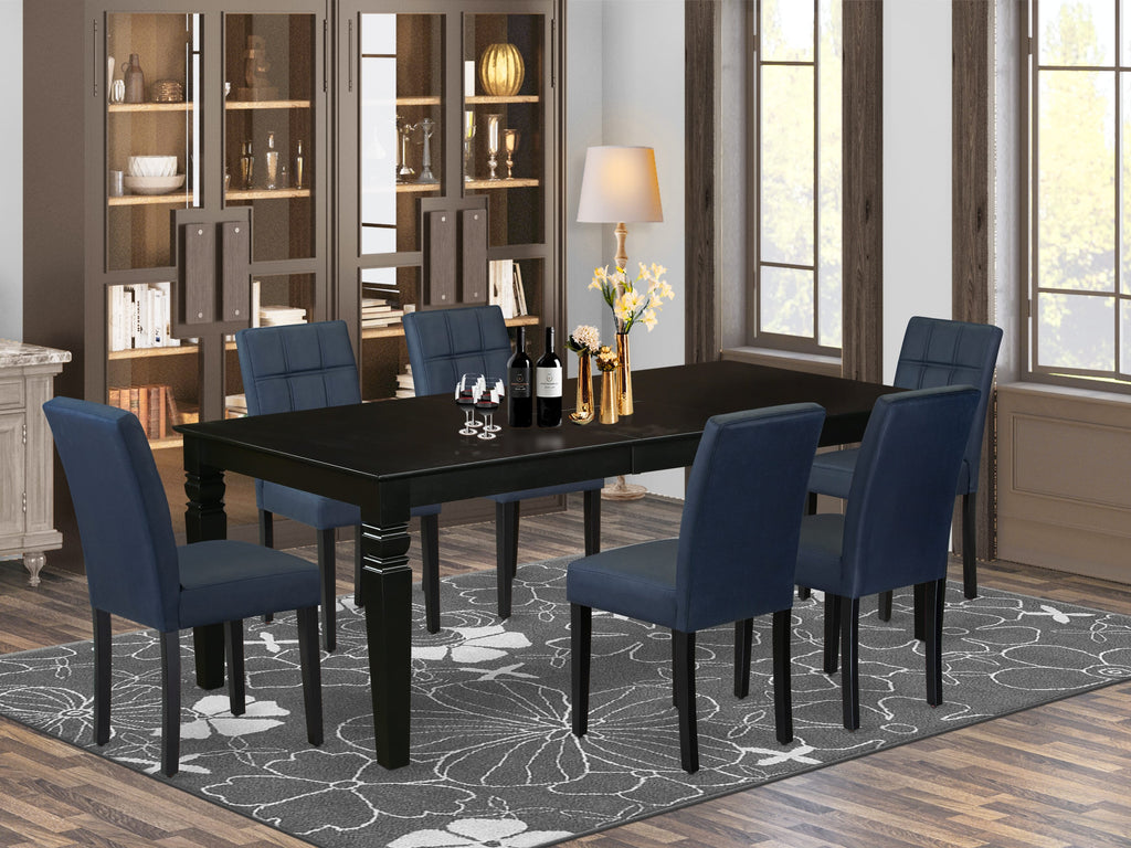 East West Furniture LGAS7-BLK-09 7 Piece Dining Table Set consists A Wooden Table and 6 Dark Navy Blue Faux Leather Modren Dining Chairs with Stylish Back- Black Finish