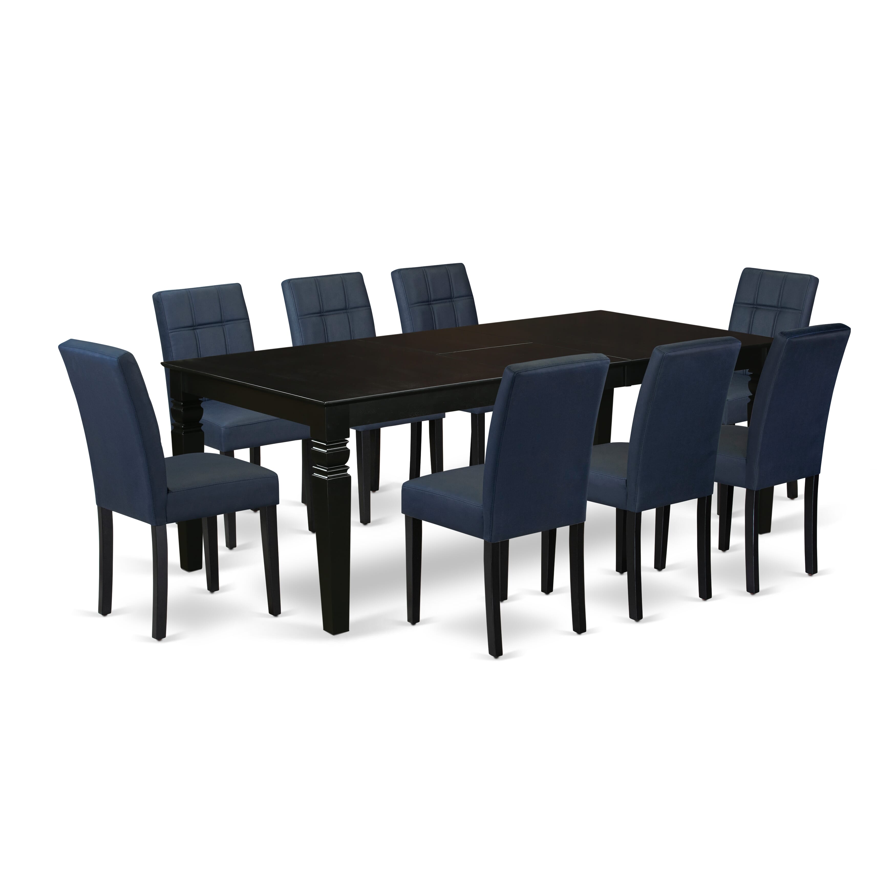 East West Furniture LGAS9-BLK-09 9 Piece Dinner Table Set contain A Kitchen Table and 8 Dark Navy Blue Faux Leather Parson Kitchen Chairs with Stylish Back- Black Finish