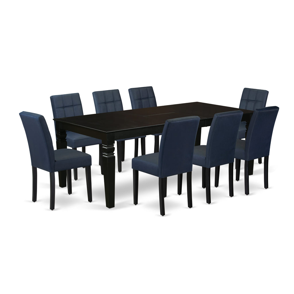East West Furniture LGAS9-BLK-09 9 Piece Dinner Table Set contain A Kitchen Table and 8 Dark Navy Blue Faux Leather Parson Kitchen Chairs with Stylish Back- Black Finish