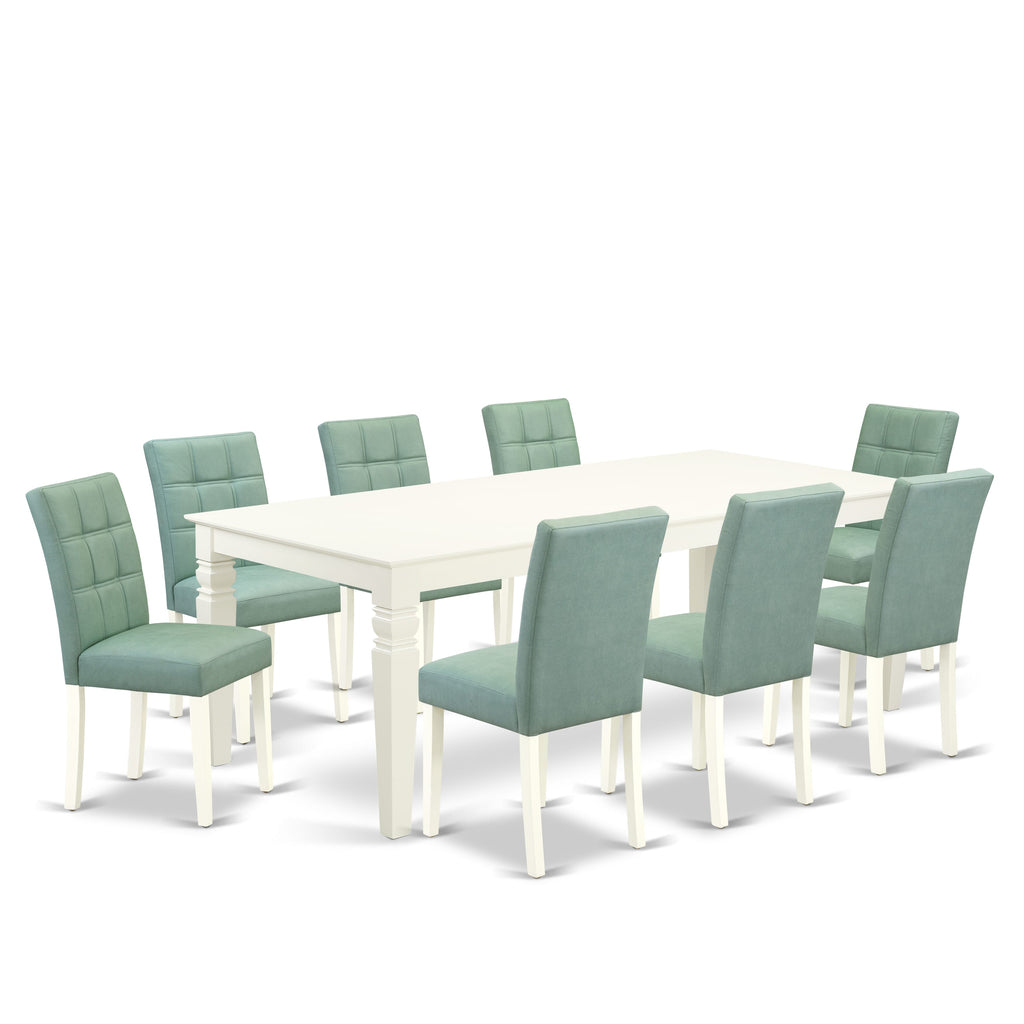 East West Furniture LGAS9-LWH-43 9 Piece Dining Room Set consists A Dinner Table and 8 Willow Green Faux Leather Upholstered Dining Chairs, Linen White