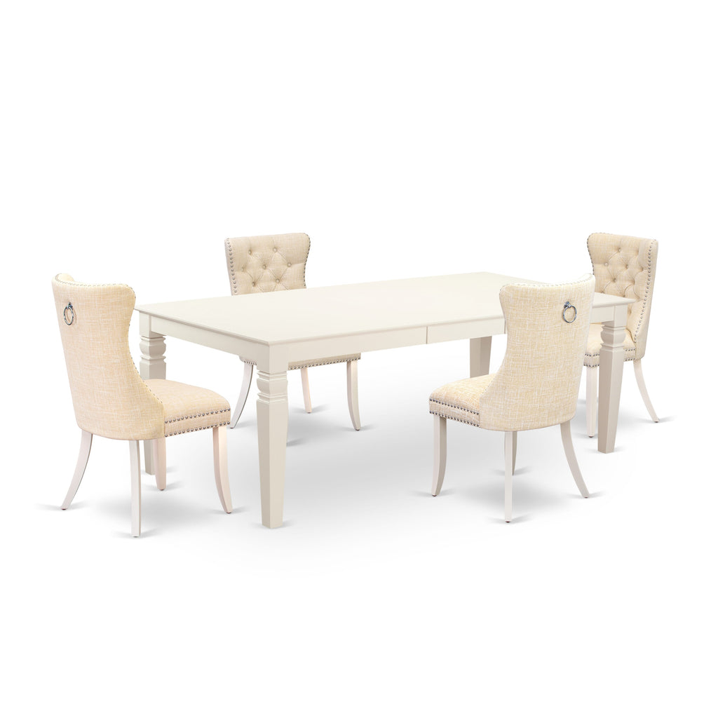 East West Furniture LGDA5-LWH-32 5 Piece Dining Table Set Includes a Rectangle Wooden Table with Removable leaf and 4 Upholstered Chairs, 42x84 Inch, linen white