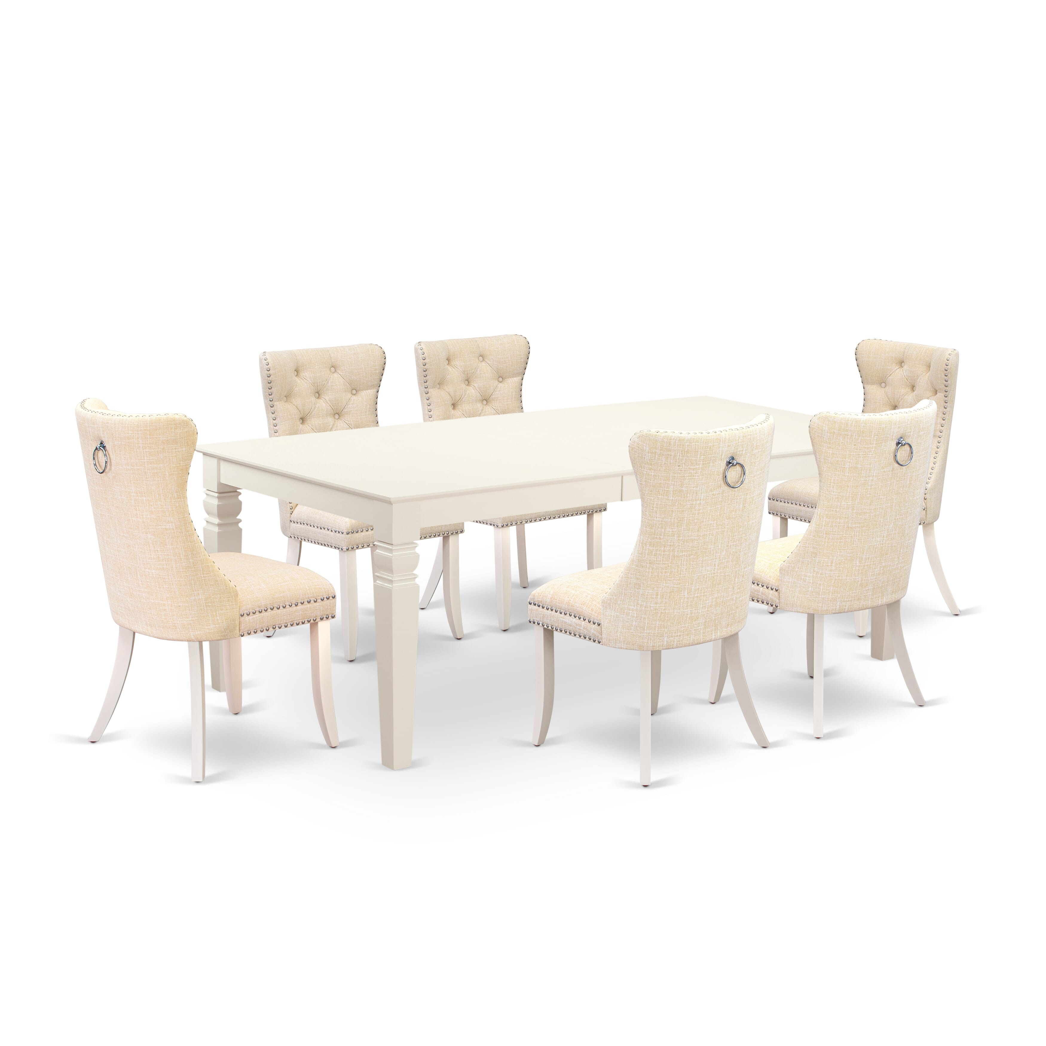 East West Furniture LGDA7-LWH-32 7 Piece Dinette Set Contains a Rectangle Dining Table with Removable leaf and 6 Upholstered Chairs, 42x84 Inch, linen white