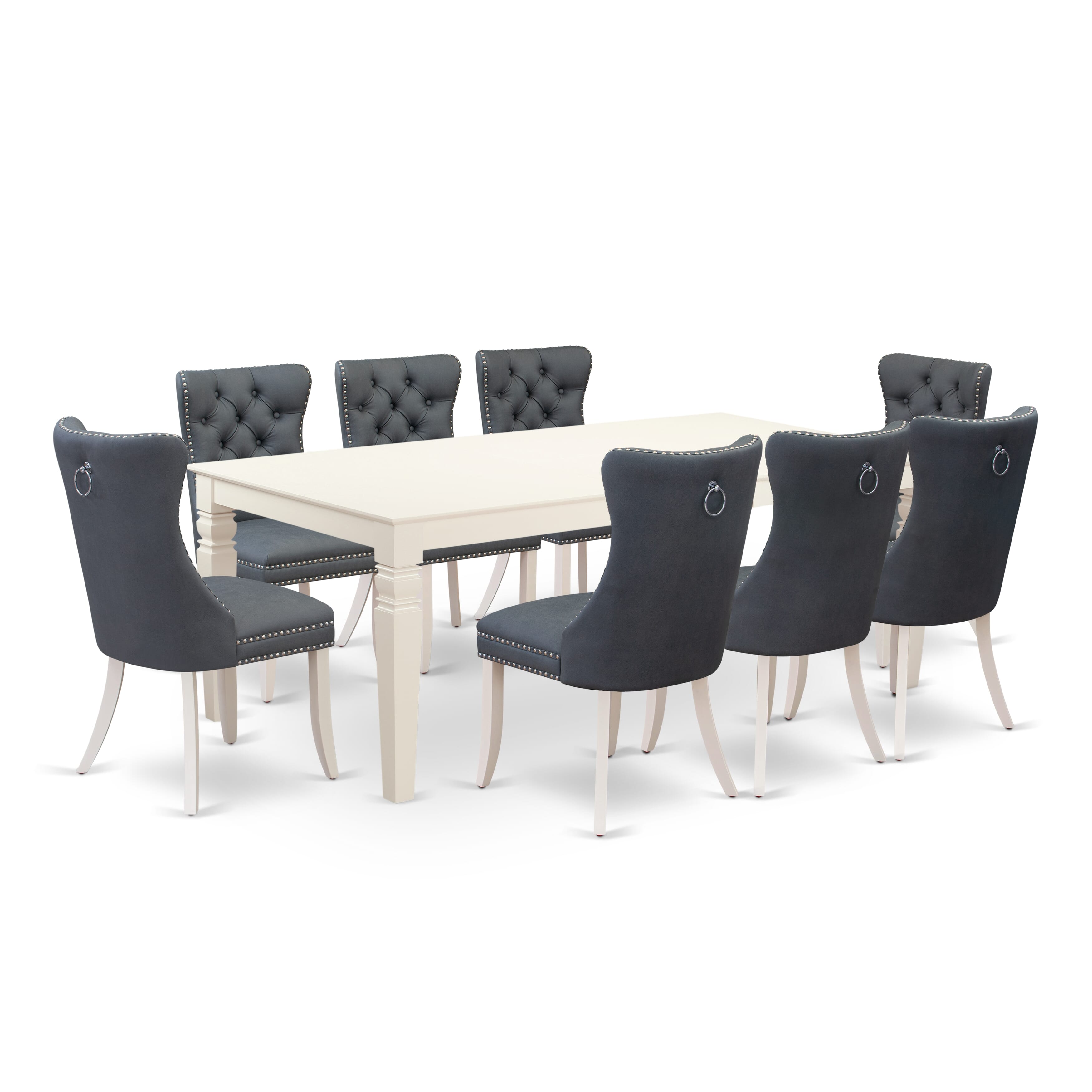 East West Furniture LGDA9-LWH-13 9 Piece Kitchen Table & Chairs Set Includes a Rectangle Dining Table with Removable leaf and 8 Upholstered Chairs, 42x84 Inch, linen white