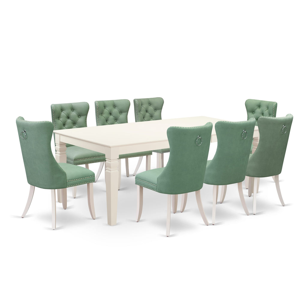 East West Furniture LGDA9-LWH-22 9 Piece Dining Room Set Consists of a Rectangle Dining Table with Removable leaf and 8 Upholstered Parson Chairs, 42x84 Inch, linen white