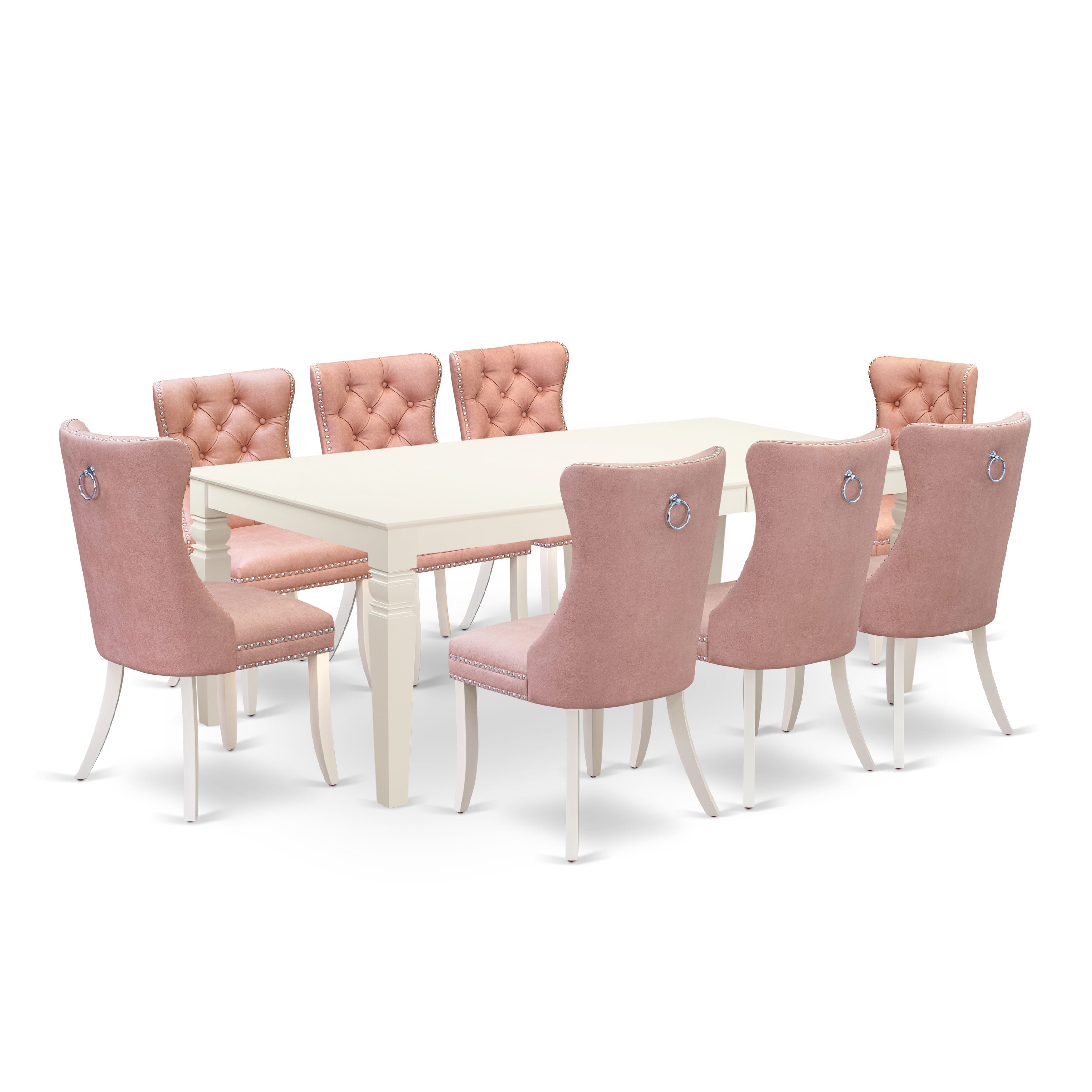East West Furniture LGDA9-LWH-23 9 Piece Kitchen Table & Chairs Set Contains a Rectangle Dining Table with Removable leaf and 8 Upholstered Chairs, 42x84 Inch, linen white