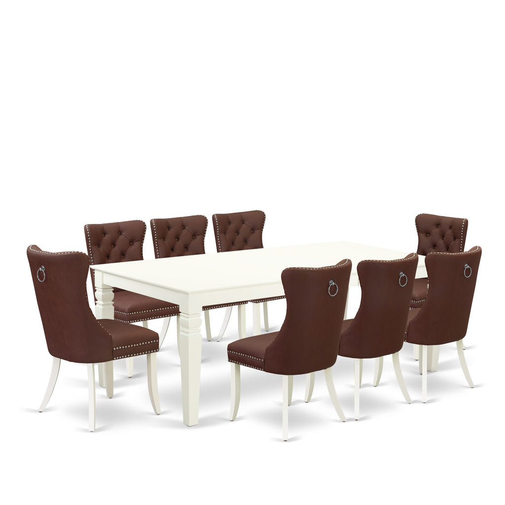East West Furniture LGDA9-LWH-26 9 Piece Kitchen Table Set Consists of a Rectangle Dining Table with Removable leaf and 8 Upholstered Parson Chairs, 42x84 Inch, linen white