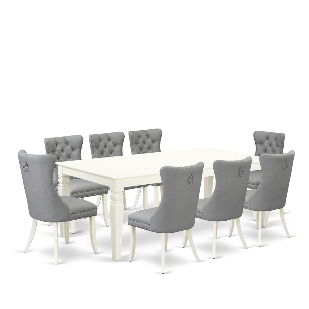 East West Furniture LGDA9-LWH-27 9 Piece Dining Room Set Includes a Rectangle Kitchen Table with Removable leaf and 8 Upholstered Chairs, 42x84 Inch, linen white