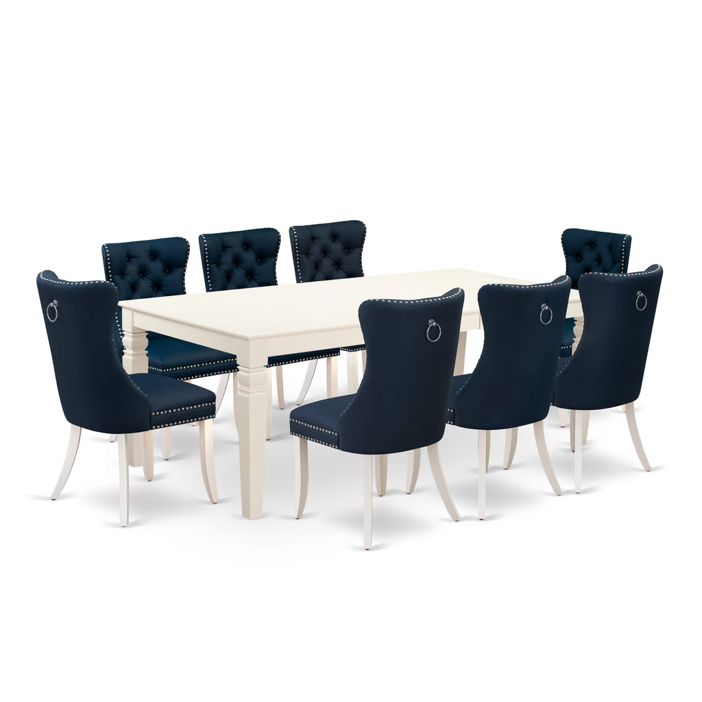 East West Furniture LGDA9-LWH-29 9 Piece Dining Table Set Includes a Rectangle Wooden Table with Removable leaf and 8 Upholstered Chairs, 42x84 Inch, linen white