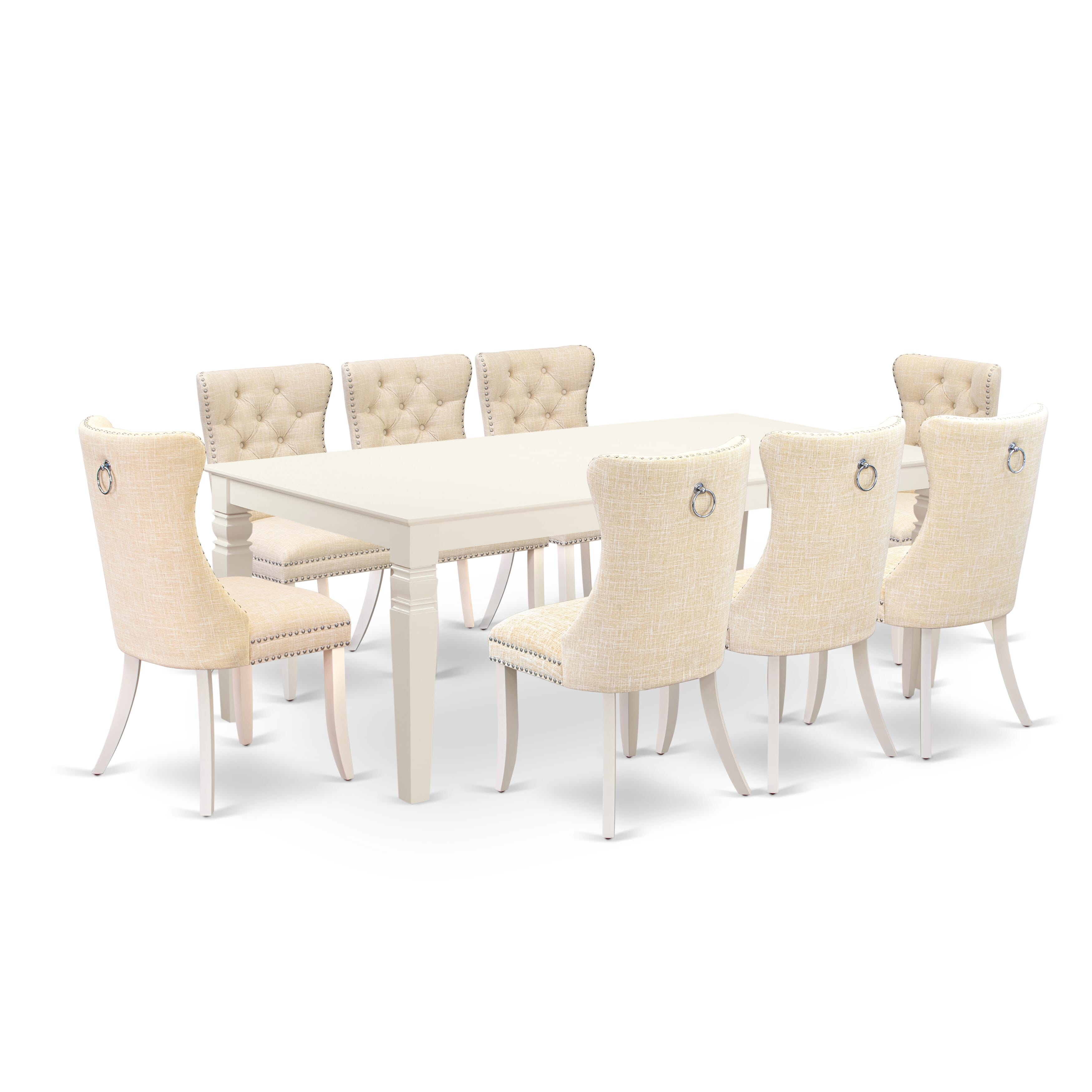 East West Furniture LGDA9-LWH-32 9 Piece Dining Table Set Includes a Rectangle Kitchen Table with Removable leaf and 8 Padded Chairs, 42x84 Inch, linen white