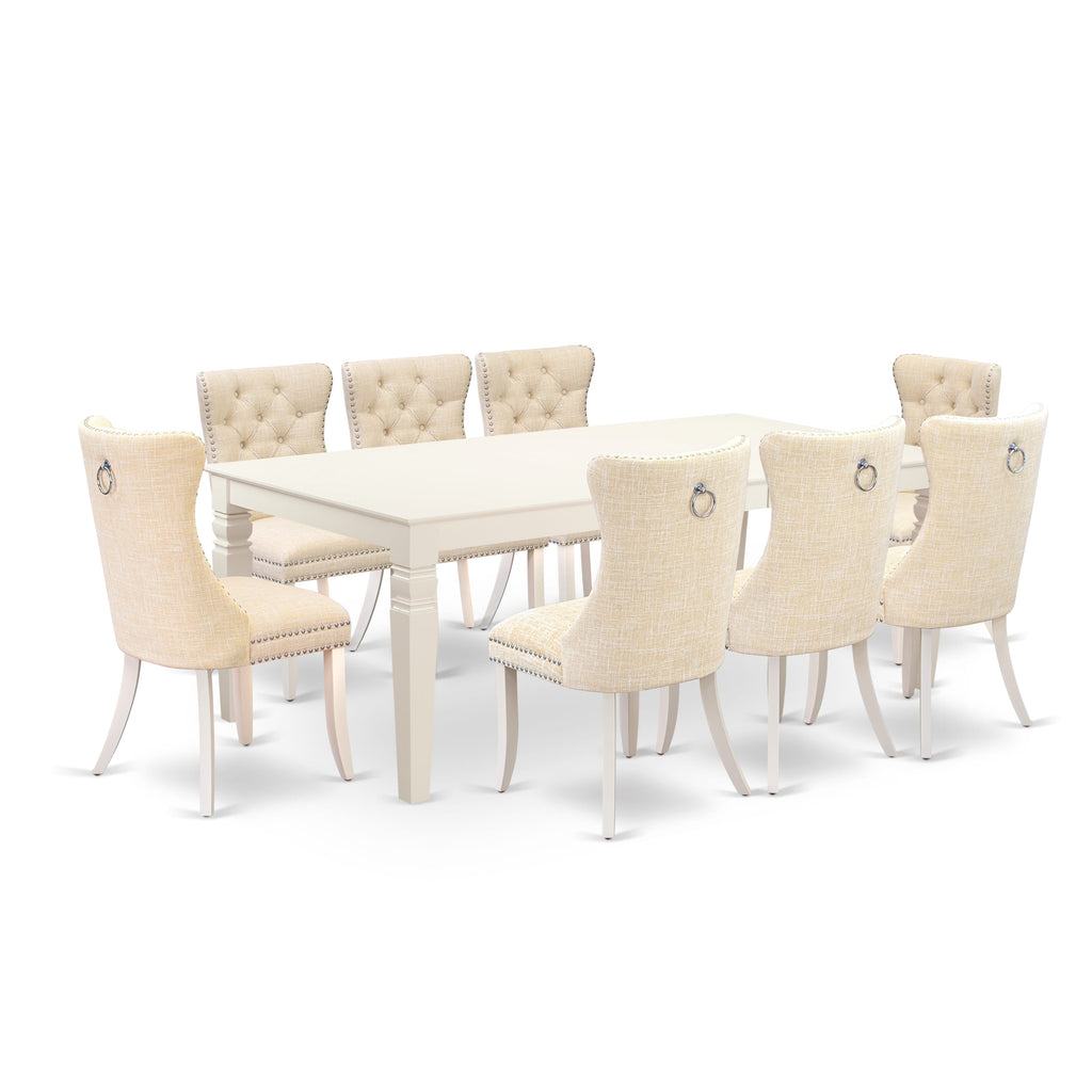East West Furniture LGDA9-LWH-32 9 Piece Dining Table Set Includes a Rectangle Kitchen Table with Removable leaf and 8 Padded Chairs, 42x84 Inch, linen white