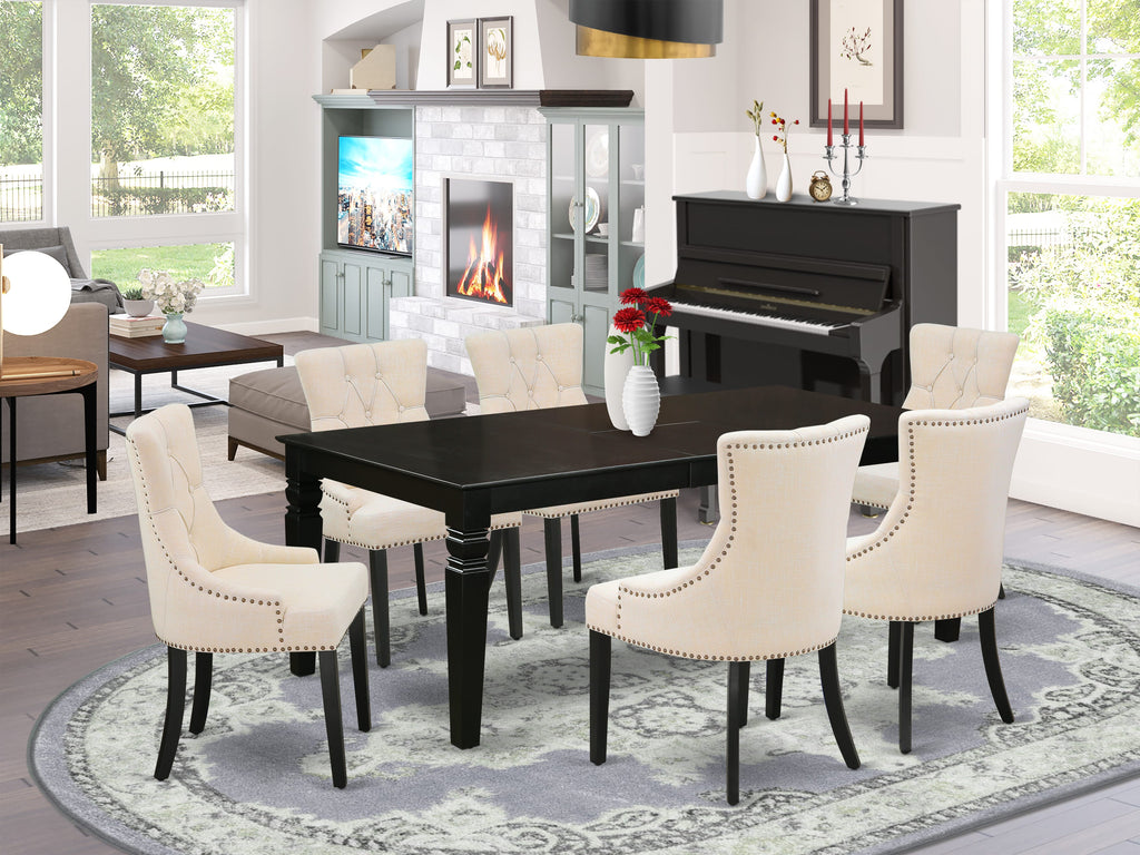 Juego de comedor East West Furniture LGFR7-BLK-02 de 7 piezas compuesto por una mesa rectangular con diseño de hojas de mariposa y 6 sillas tapizadas en tela de lino beige claro.