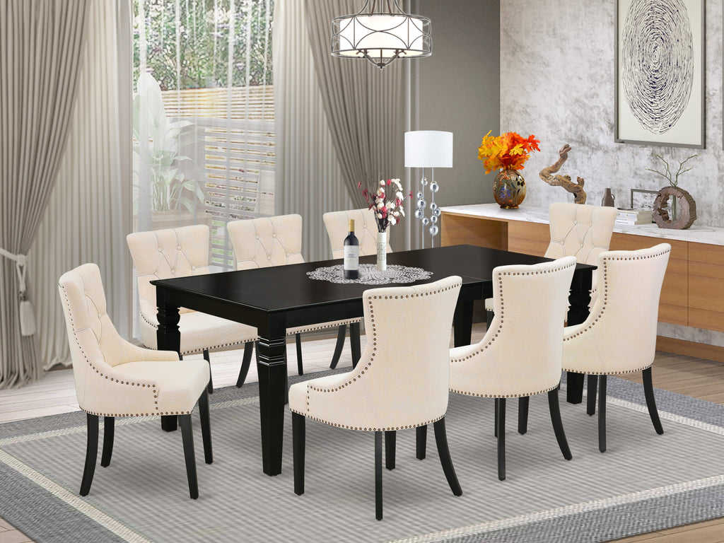 East West Furniture LGFR9-BLK-02 9 Piece Dining Room Set Includes a Rectangle Butterfly Leaf Kitchen Table and 8 Light Beige Linen Fabric Parsons Dining Chairs, 42x84 Inch, Black