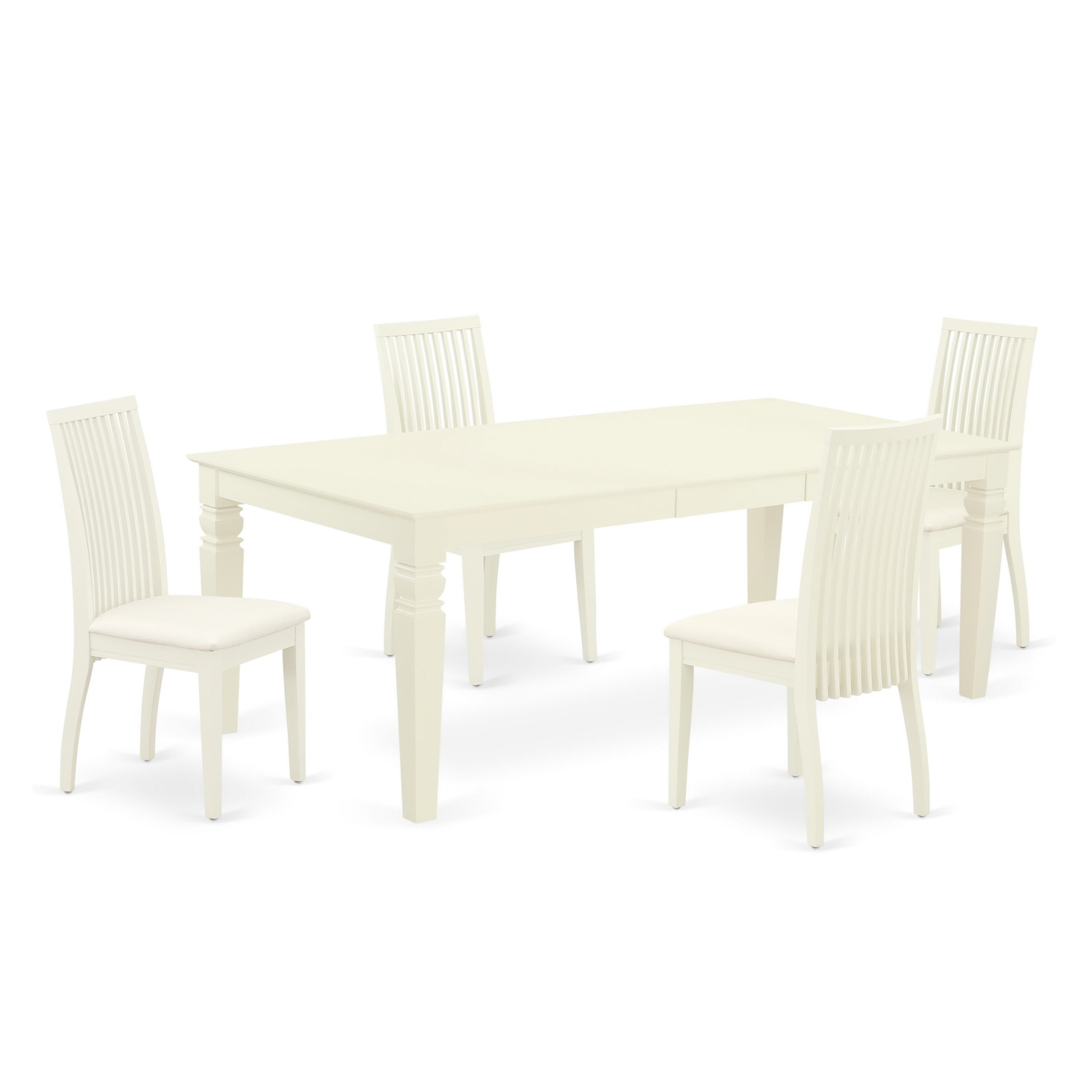 El juego de comedor LGIP5-LWH-C de 5 piezas incluye una mesa rectangular con hojas de mariposa y cuatro sillas de comedor con asiento de lino.