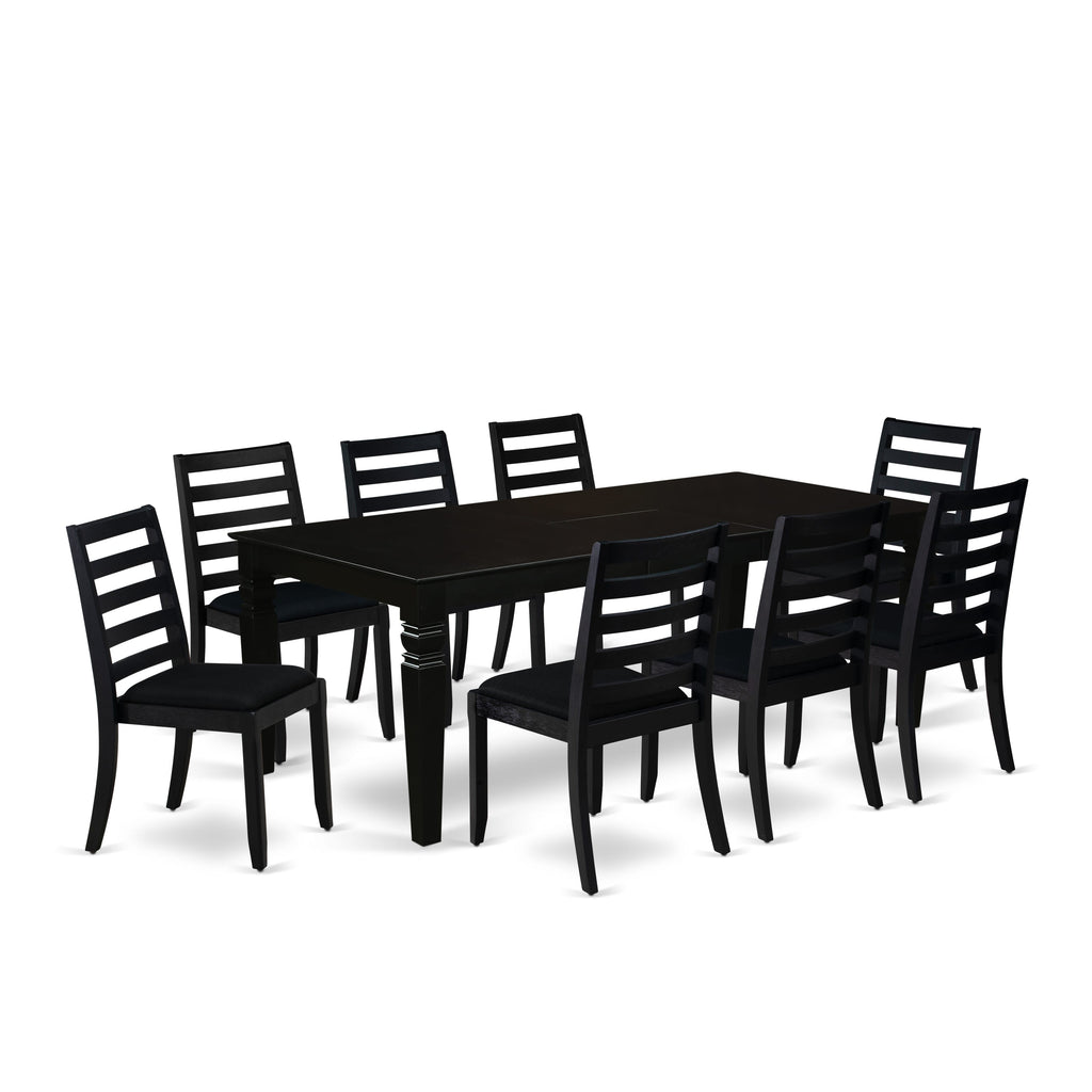 East West Furniture LGX19-BLK-24 -9 Piece Dining Set Includes a Rectangular Kitchen Table with Black Tabletop and 8 Stackable Linen Fabric Chairs