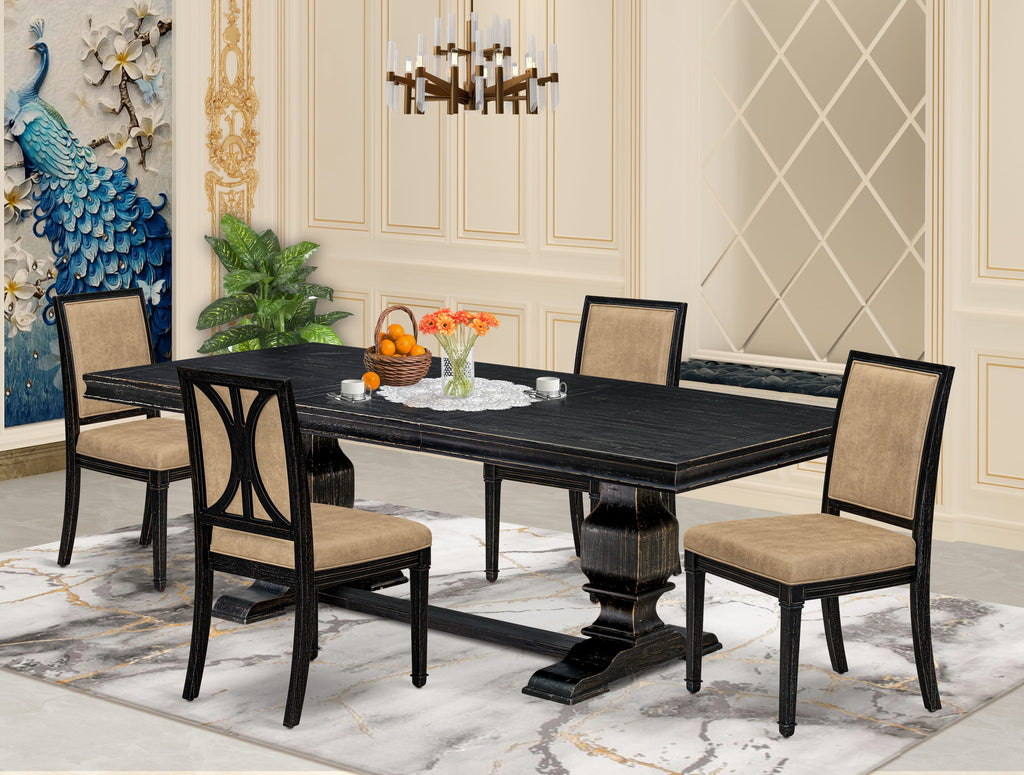 Luxe by East West Furniture LKAM5-SBB-28 5-piece Dining Table Set includes a Dining Table and 4 Beige PU Leather Kitchen Chairs with High Back - Sand Blasting Black Finish