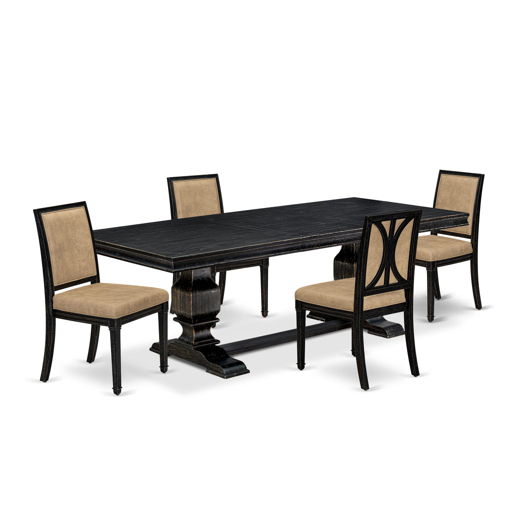 Luxe by East West Furniture LKAM5-SBB-28 5-piece Dining Table Set includes a Dining Table and 4 Beige PU Leather Kitchen Chairs with High Back - Sand Blasting Black Finish