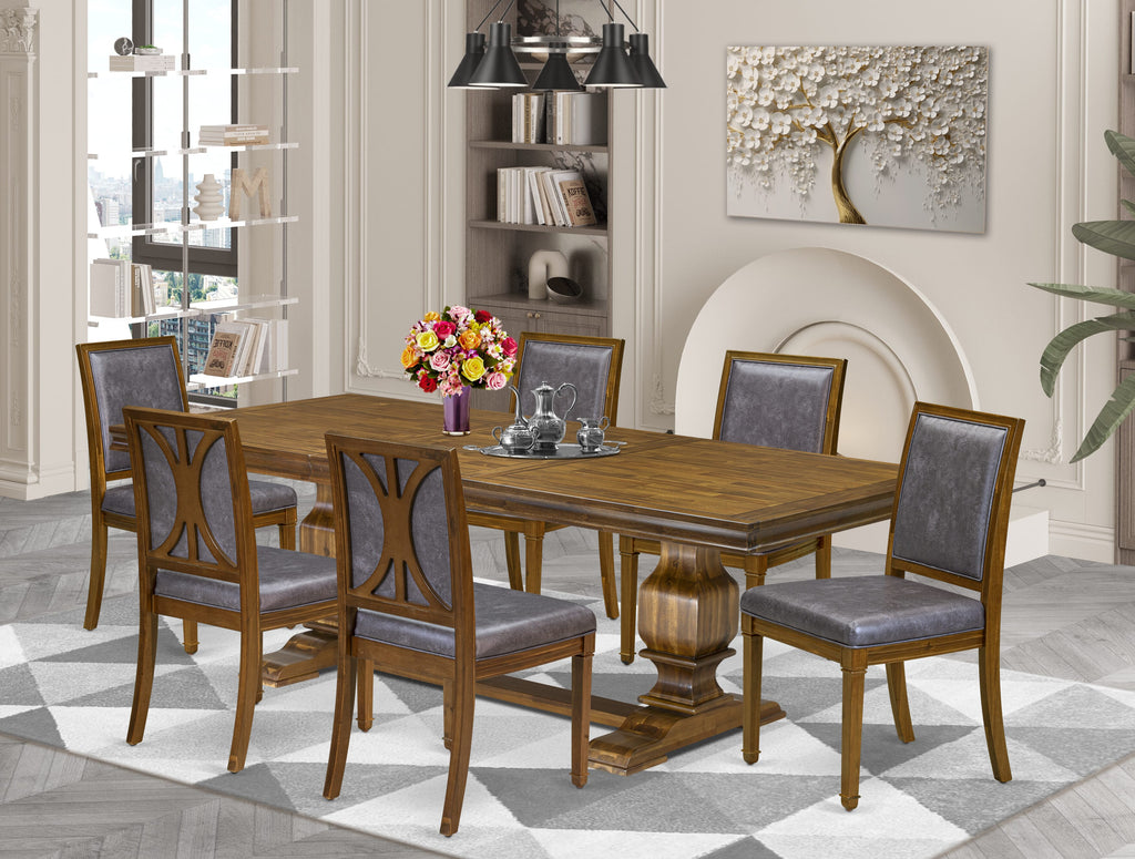 Luxe by East West Furniture LKAM7-AWA-34 7-piece Dining Set consists of a Dining Table and 6 Dark Grey PU Leather Kitchen Chairs with High Back - Antique Walnut Finish