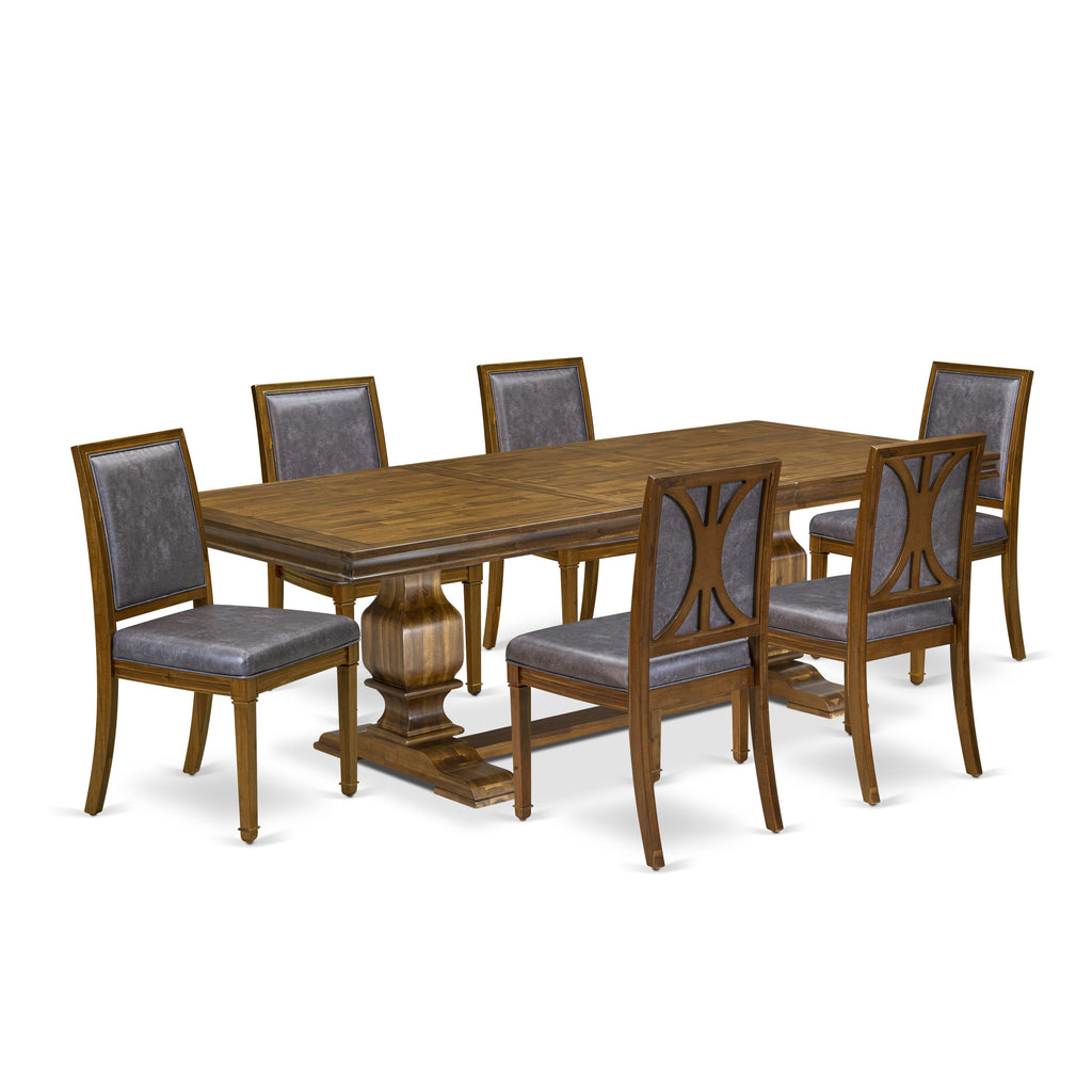 Luxe by East West Furniture LKAM7-AWA-34 7-piece Dining Set consists of a Dining Table and 6 Dark Grey PU Leather Kitchen Chairs with High Back - Antique Walnut Finish