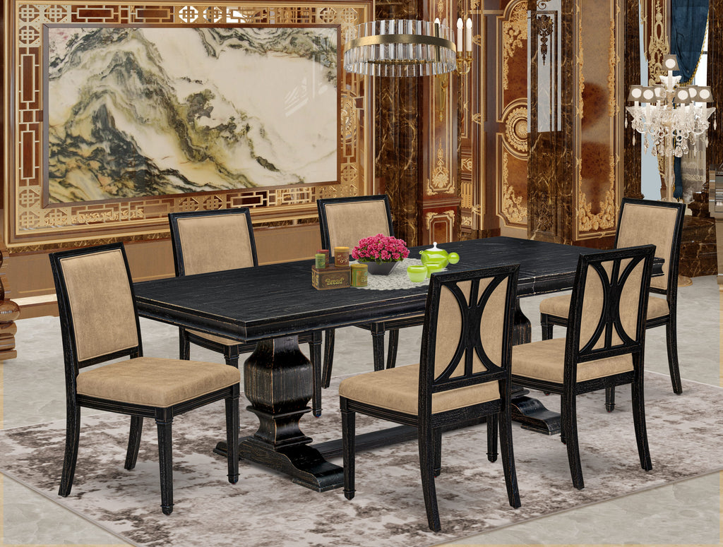 Luxe by East West Furniture LKAM7-SBB-28 7-piece Modern Dining Table Set consists of a Kitchen Table and 6 Beige PU Leather Dinner Chairs with High Back - Sand Blasting Black Finish