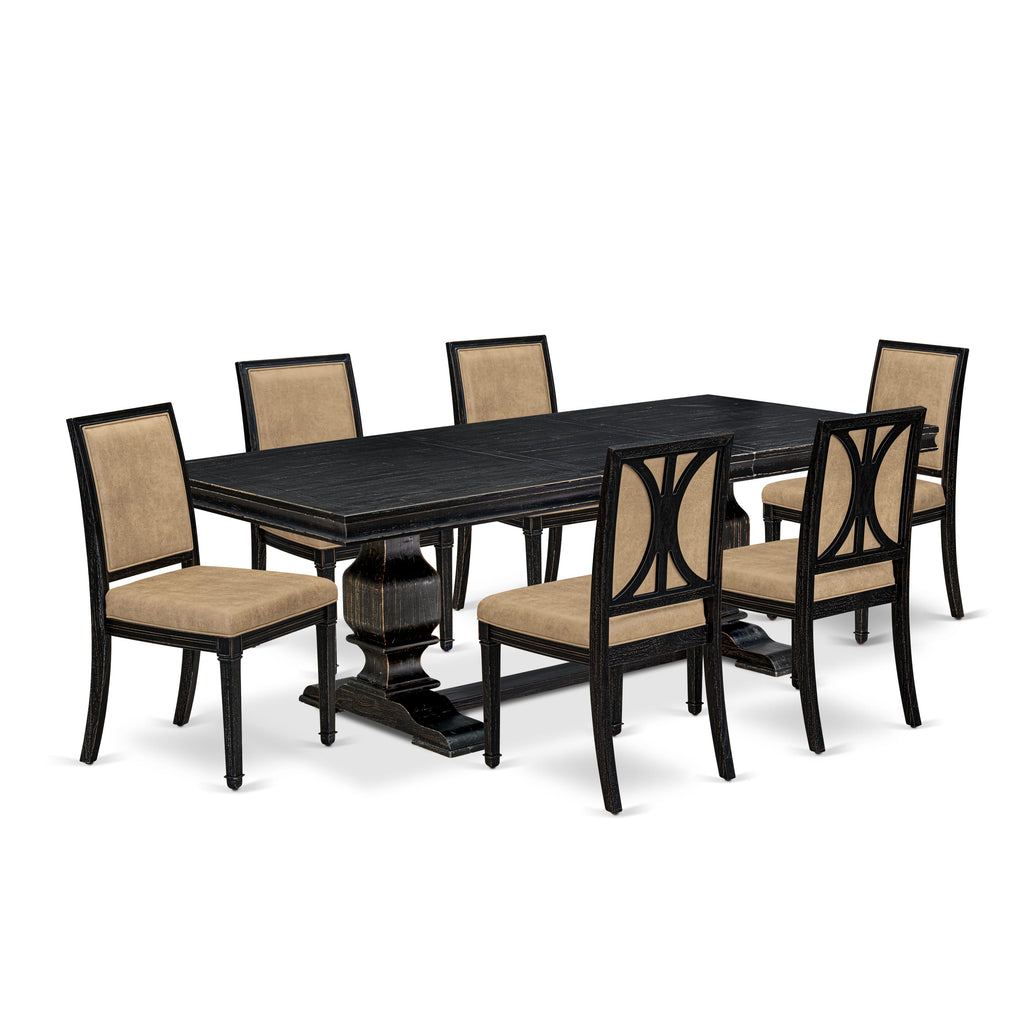 Luxe by East West Furniture LKAM7-SBB-28 7-piece Modern Dining Table Set consists of a Kitchen Table and 6 Beige PU Leather Dinner Chairs with High Back - Sand Blasting Black Finish
