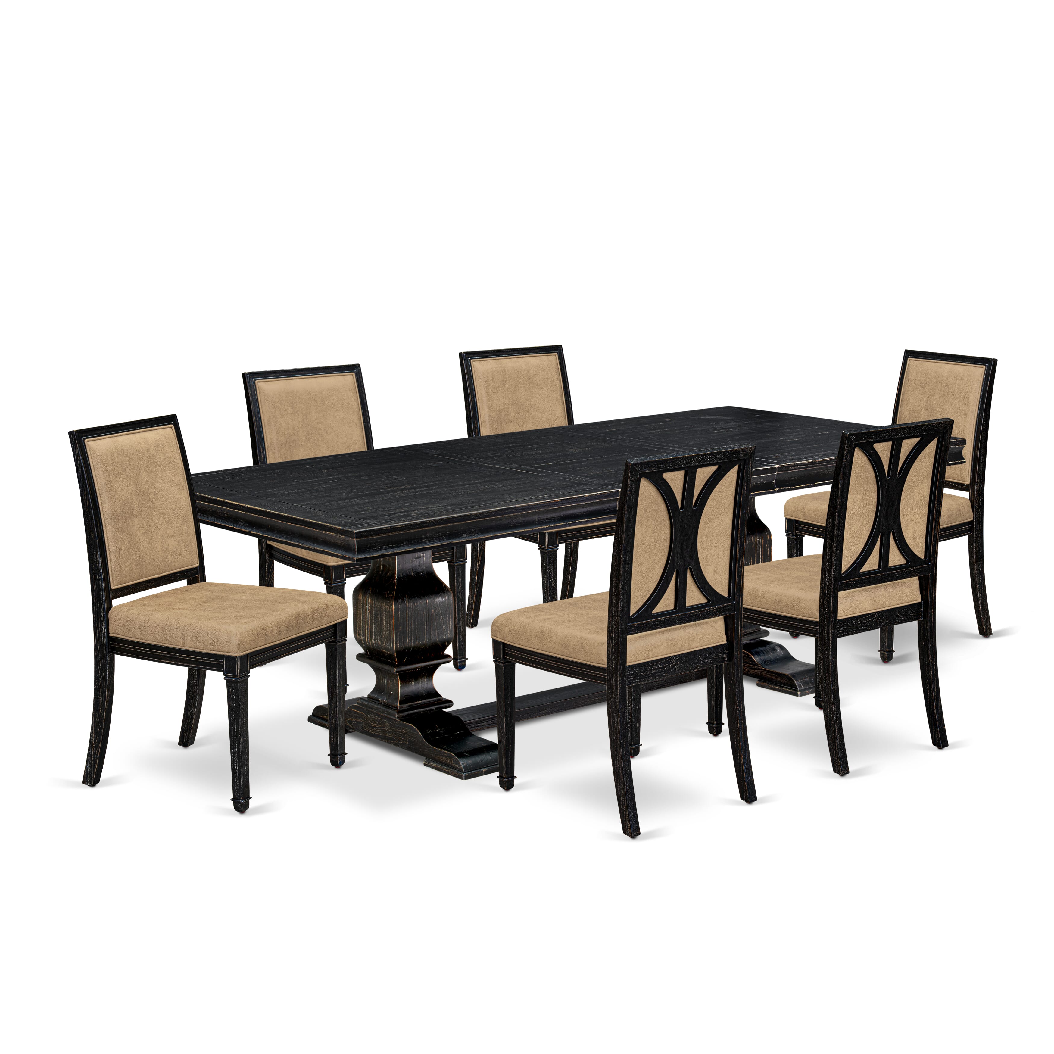 Luxe by East West Furniture LKAM7-SBB-28 7-piece Modern Dining Table Set consists of a Kitchen Table and 6 Beige PU Leather Dinner Chairs with High Back - Sand Blasting Black Finish