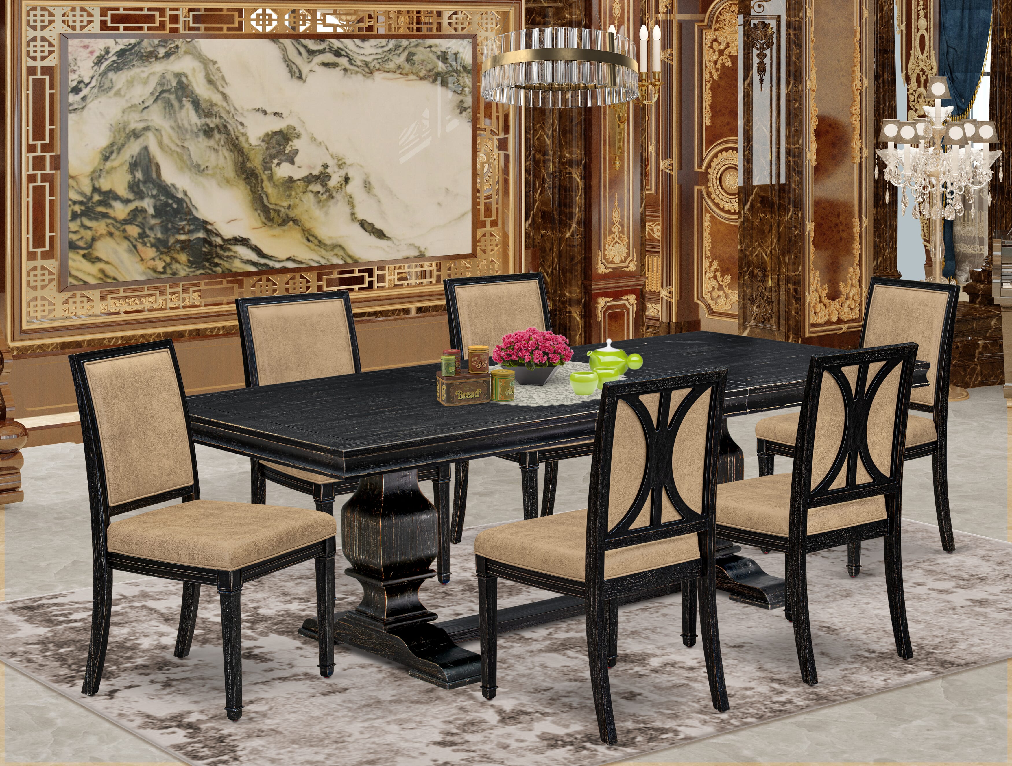Luxe by East West Furniture LKAM7-SBB-28 7-piece Modern Dining Table Set consists of a Kitchen Table and 6 Beige PU Leather Dinner Chairs with High Back - Sand Blasting Black Finish