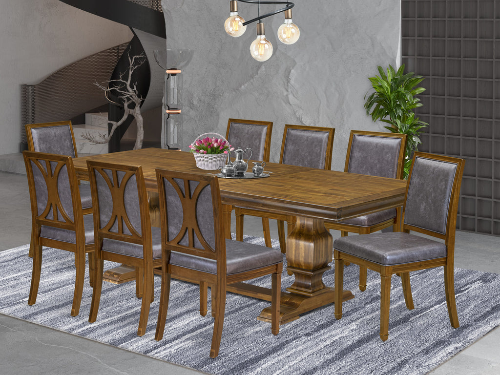 Luxe by East West Furniture LKAM9-AWA-34 9-piece Kitchen Table Set includes a Dining Table and 8 Dark Grey PU Leather Dining room Chairs with High Back - Antique Walnut Finish