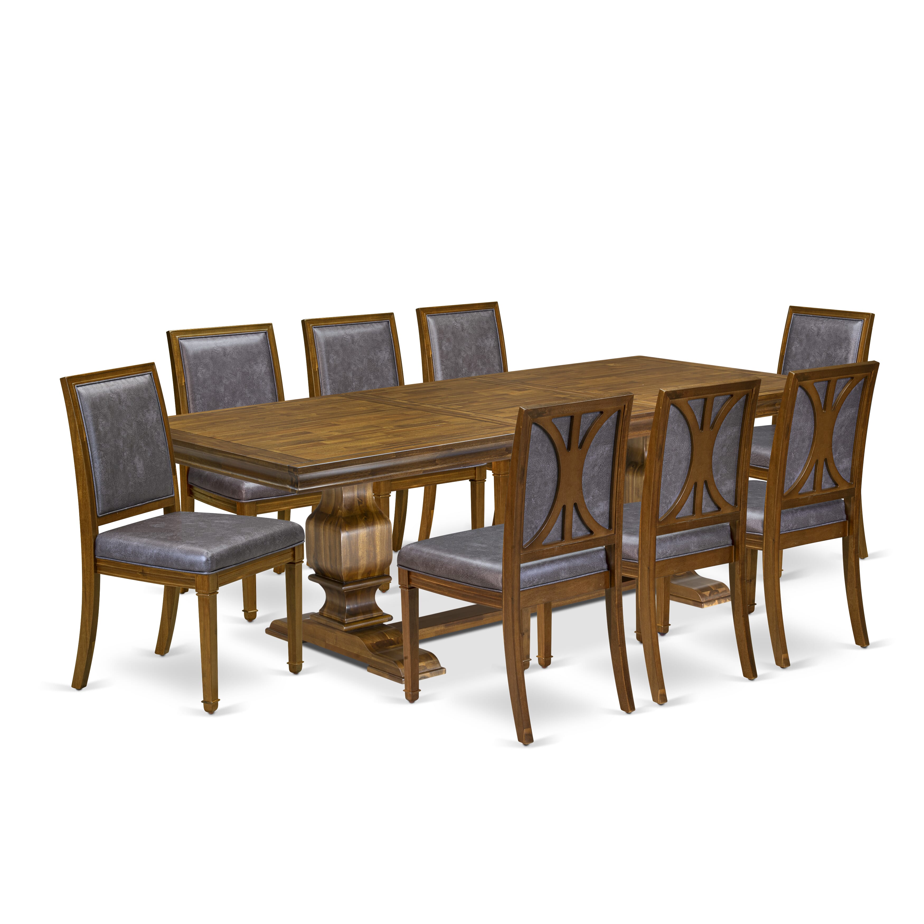 Luxe by East West Furniture LKAM9-AWA-34 9-piece Kitchen Table Set includes a Dining Table and 8 Dark Grey PU Leather Dining room Chairs with High Back - Antique Walnut Finish
