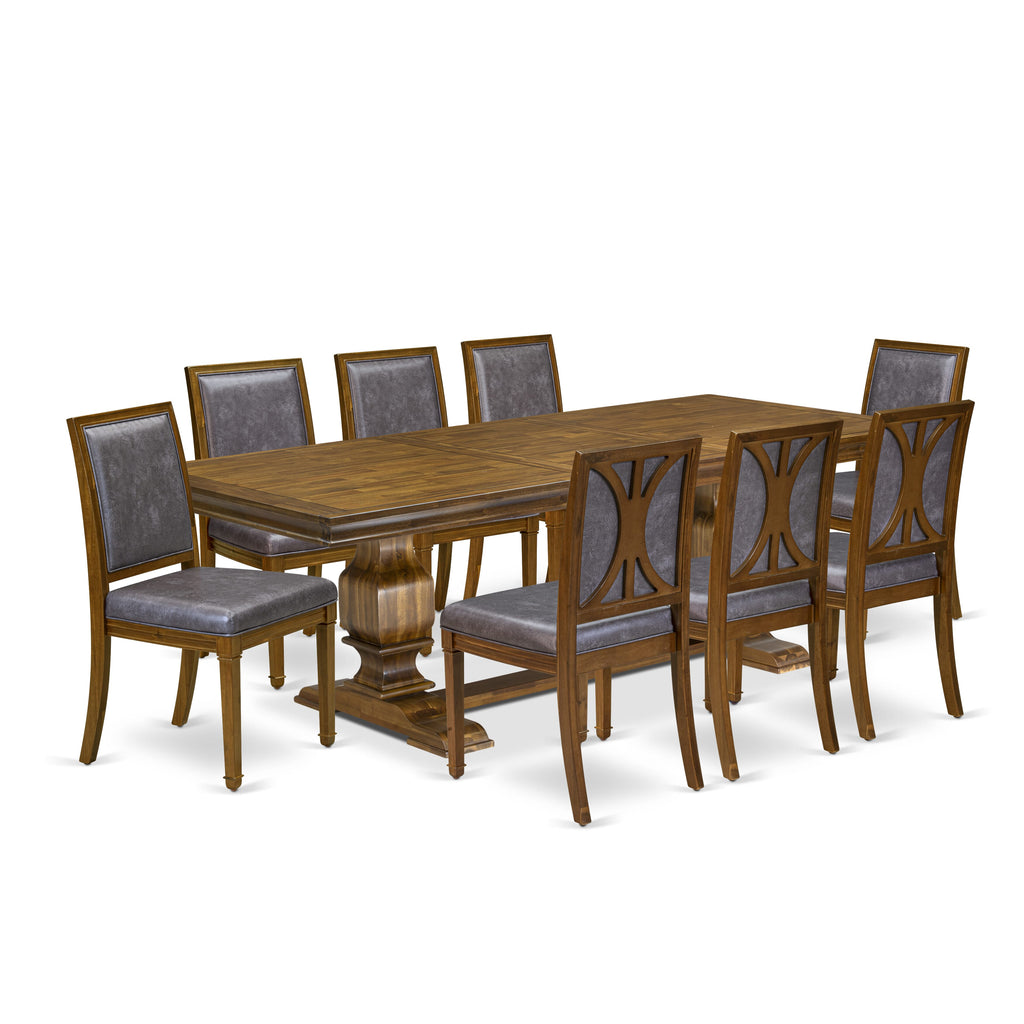 Luxe by East West Furniture LKAM9-AWA-34 9-piece Kitchen Table Set includes a Dining Table and 8 Dark Grey PU Leather Dining room Chairs with High Back - Antique Walnut Finish