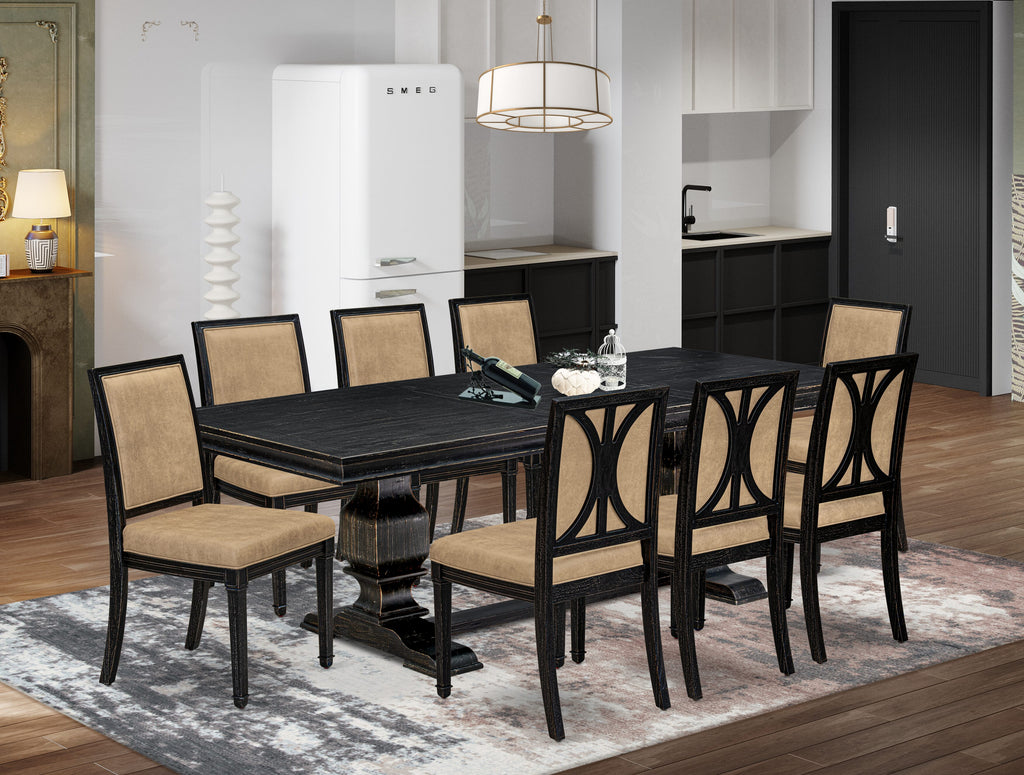 Luxe by East West Furniture LKAM9-SBB-28 9-piece Kitchen Table Set consists of a Dining Table and 8 Beige PU Leather Dining Chairs with High Back - Sand Blasting Black Finish