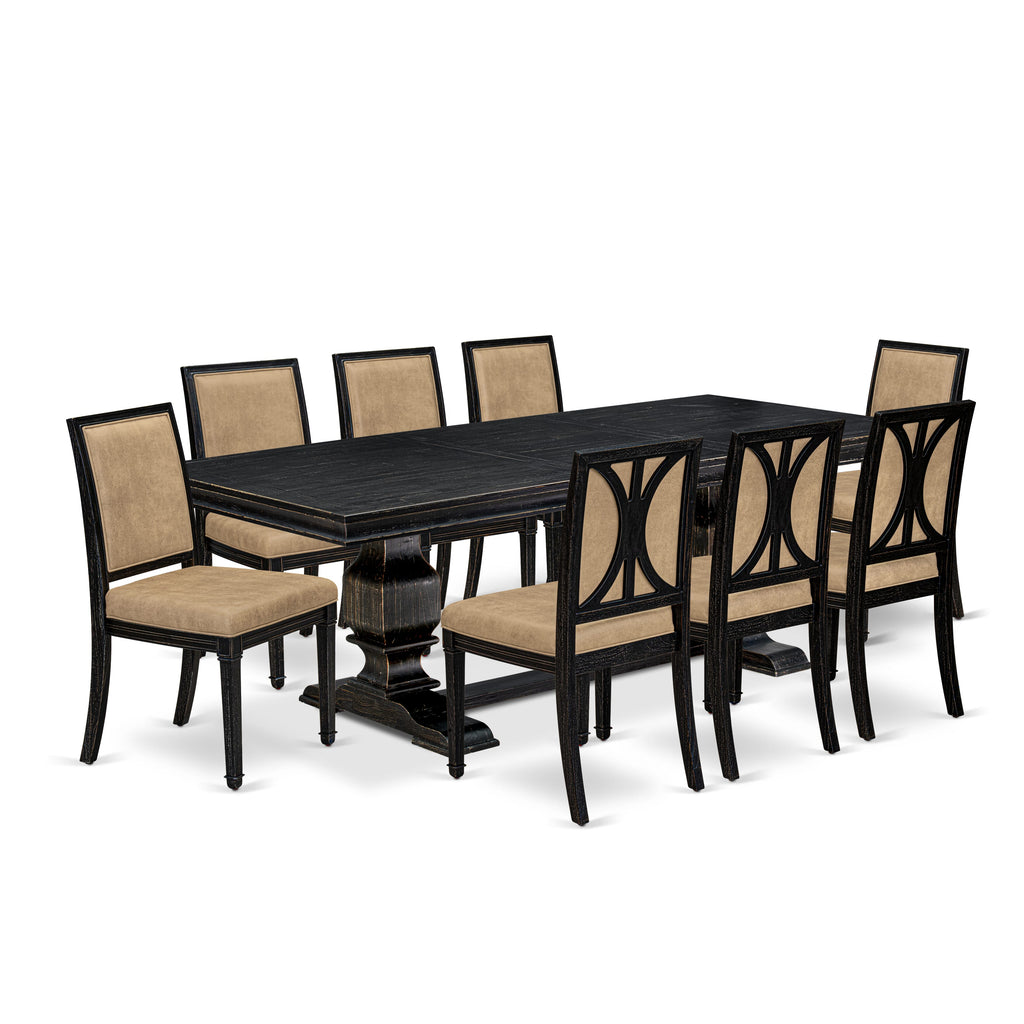 Luxe by East West Furniture LKAM9-SBB-28 9-piece Kitchen Table Set consists of a Dining Table and 8 Beige PU Leather Dining Chairs with High Back - Sand Blasting Black Finish