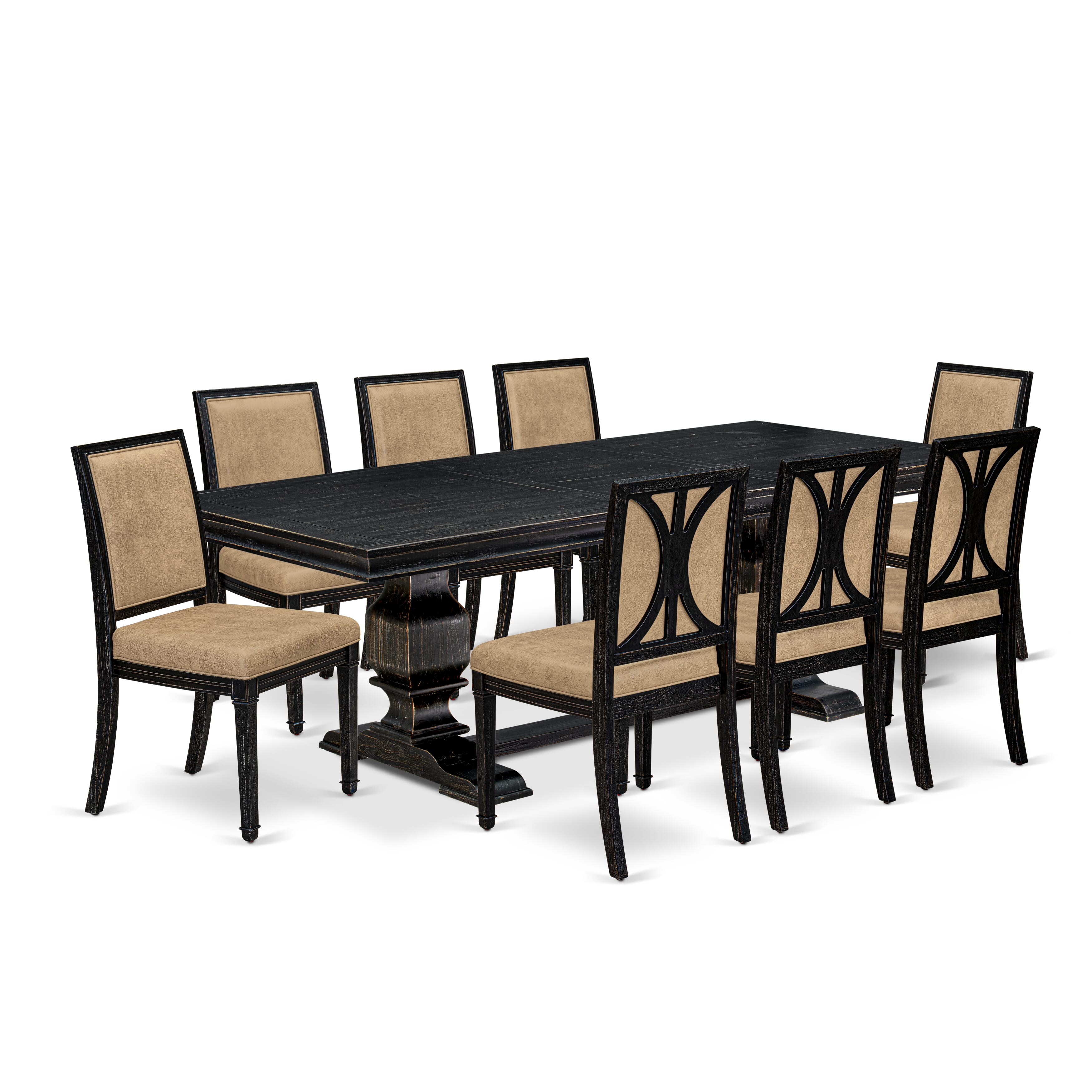 Luxe by East West Furniture LKAM9-SBB-28 9-piece Kitchen Table Set consists of a Dining Table and 8 Beige PU Leather Dining Chairs with High Back - Sand Blasting Black Finish