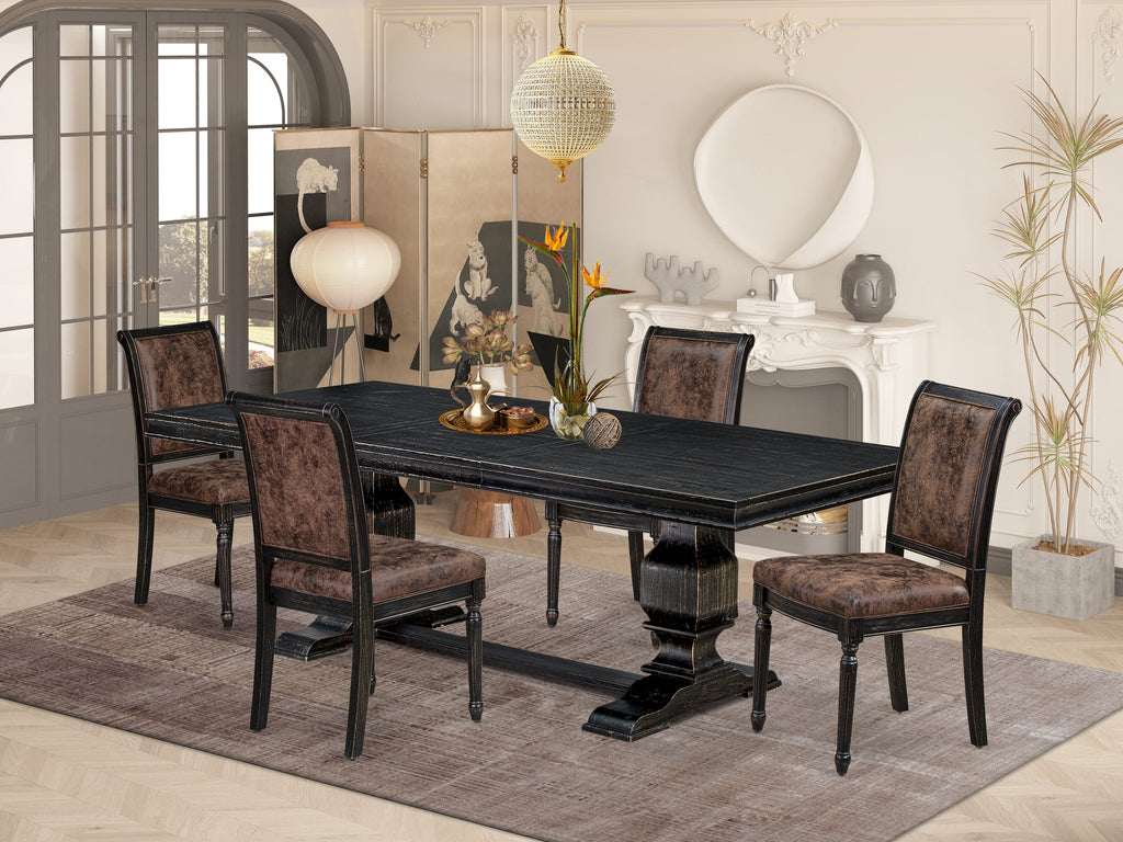 Luxe by East West Furniture LKCY5-SBB-33 5-piece Kitchen Table Set includes a Modern Dining Table and 4 Brown Textured PU Leather Dining Room Chairs with High Back - Sand Blasting Black Finish