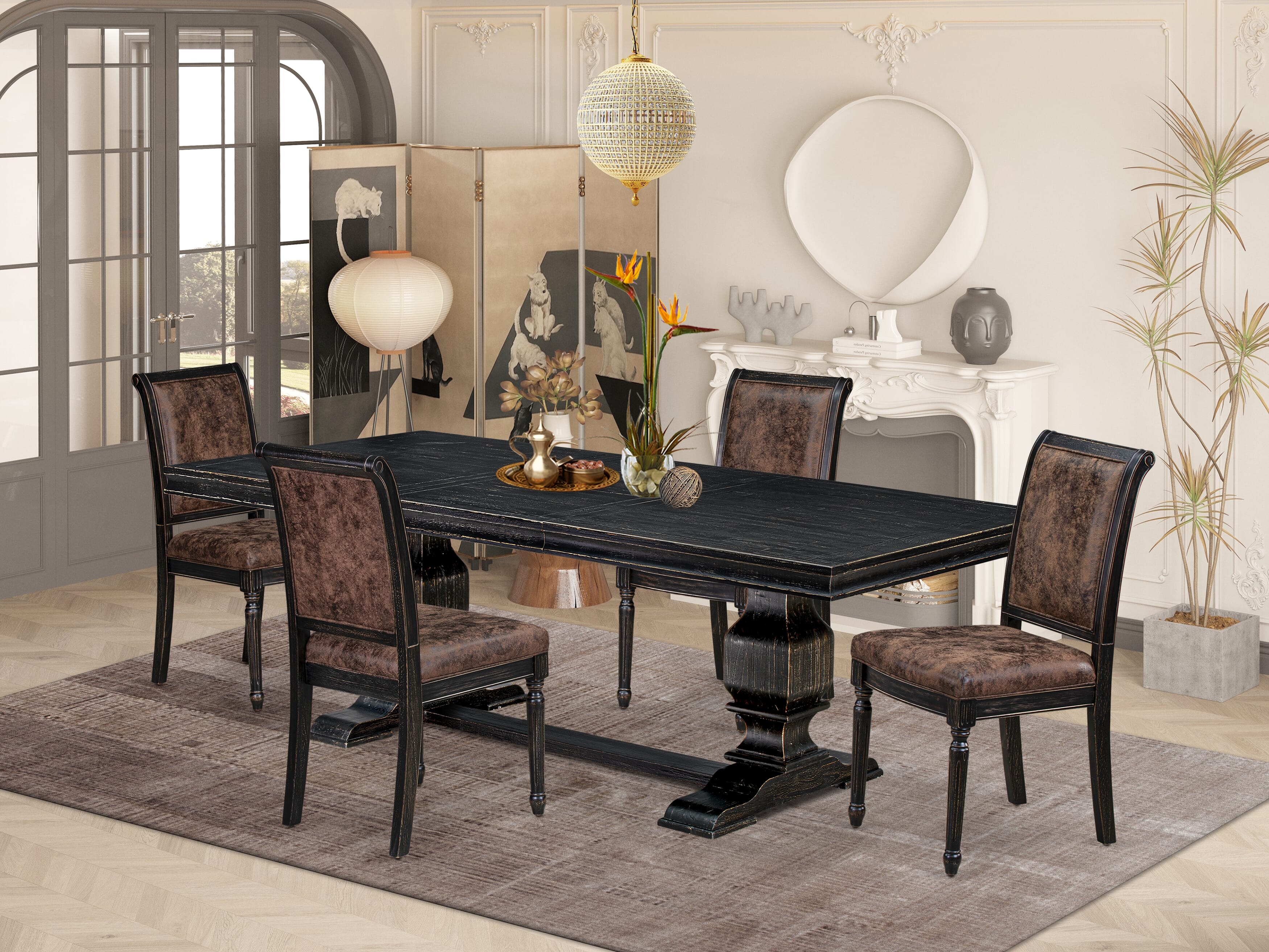 Luxe by East West Furniture LKCY5-SBB-33 5-piece Kitchen Table Set includes a Modern Dining Table and 4 Brown Textured PU Leather Dining Room Chairs with High Back - Sand Blasting Black Finish