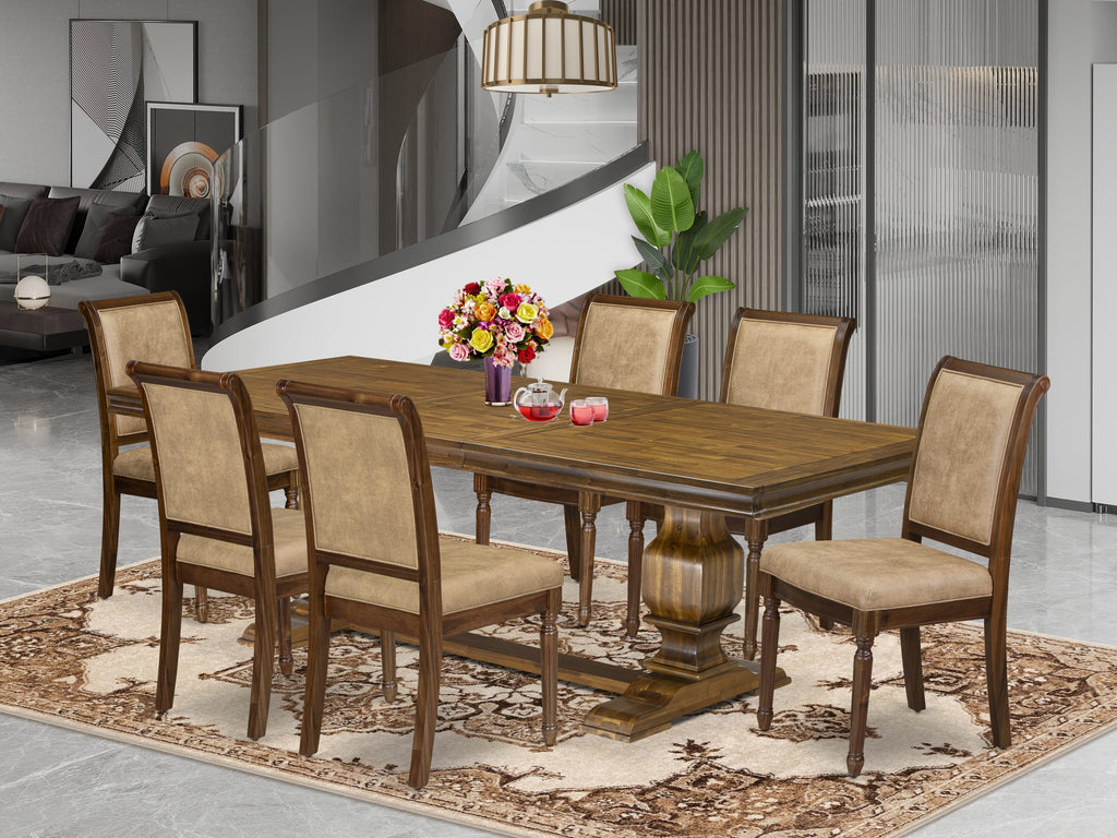 Luxe by East West Furniture LKCY7-AWA-28 7-piece Kitchen Table Set consists of a Dining Table and 6 Beige PU Leather Dinner Chairs with High Back - Antique Walnut Finish