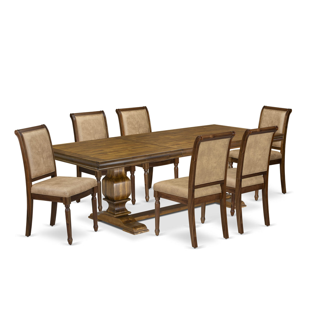 Luxe by East West Furniture LKCY7-AWA-28 7-piece Kitchen Table Set consists of a Dining Table and 6 Beige PU Leather Dinner Chairs with High Back - Antique Walnut Finish