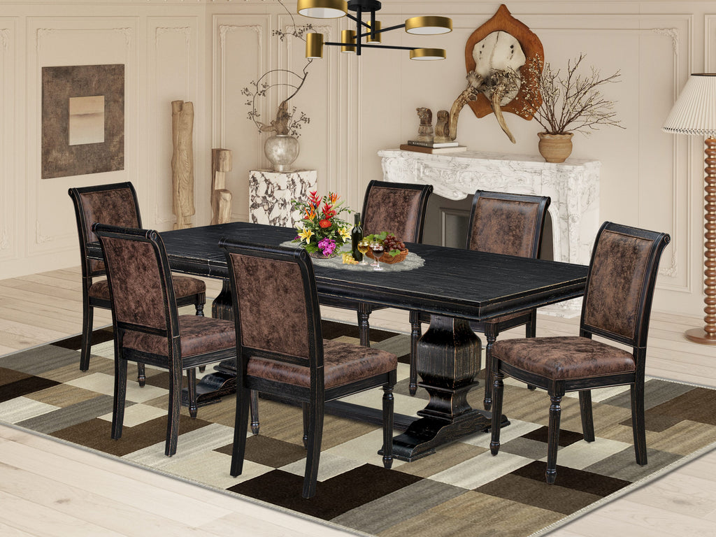 Luxe by East West Furniture LKCY7-SBB-33 7-piece Kitchen Table Set consists of a Dining Table and 6 Brown Textured PU Leather Dining Chairs with High Back - Sand Blasting Black Finish