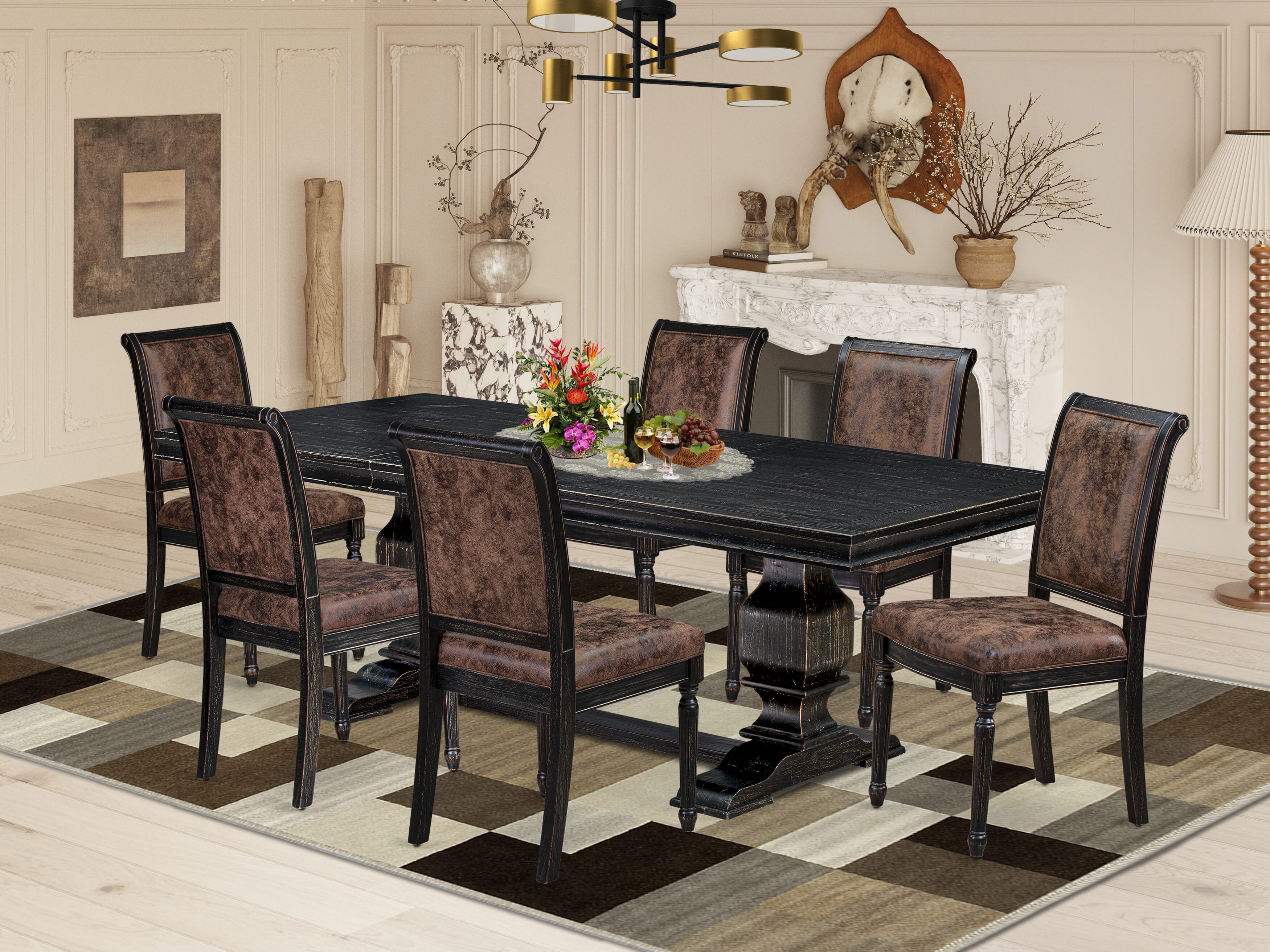 Luxe by East West Furniture LKCY7-SBB-33 7-piece Kitchen Table Set consists of a Dining Table and 6 Brown Textured PU Leather Dining Chairs with High Back - Sand Blasting Black Finish