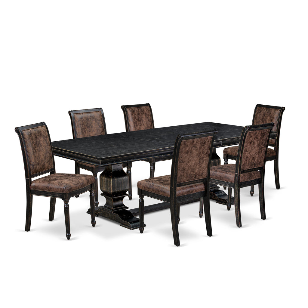 Luxe by East West Furniture LKCY7-SBB-33 7-piece Kitchen Table Set consists of a Dining Table and 6 Brown Textured PU Leather Dining Chairs with High Back - Sand Blasting Black Finish